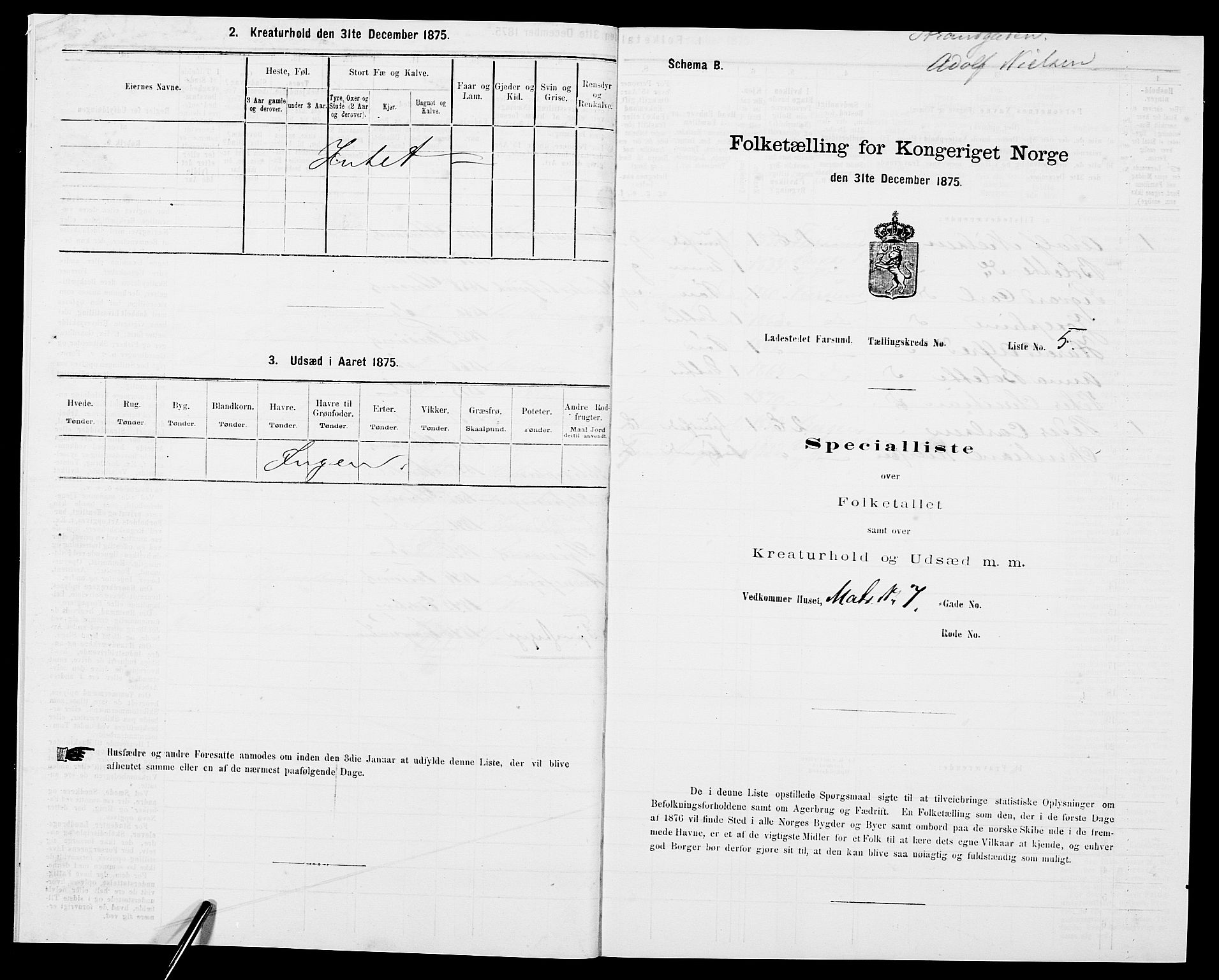 SAK, Folketelling 1875 for 1003B Vanse prestegjeld, Farsund ladested, 1875, s. 16