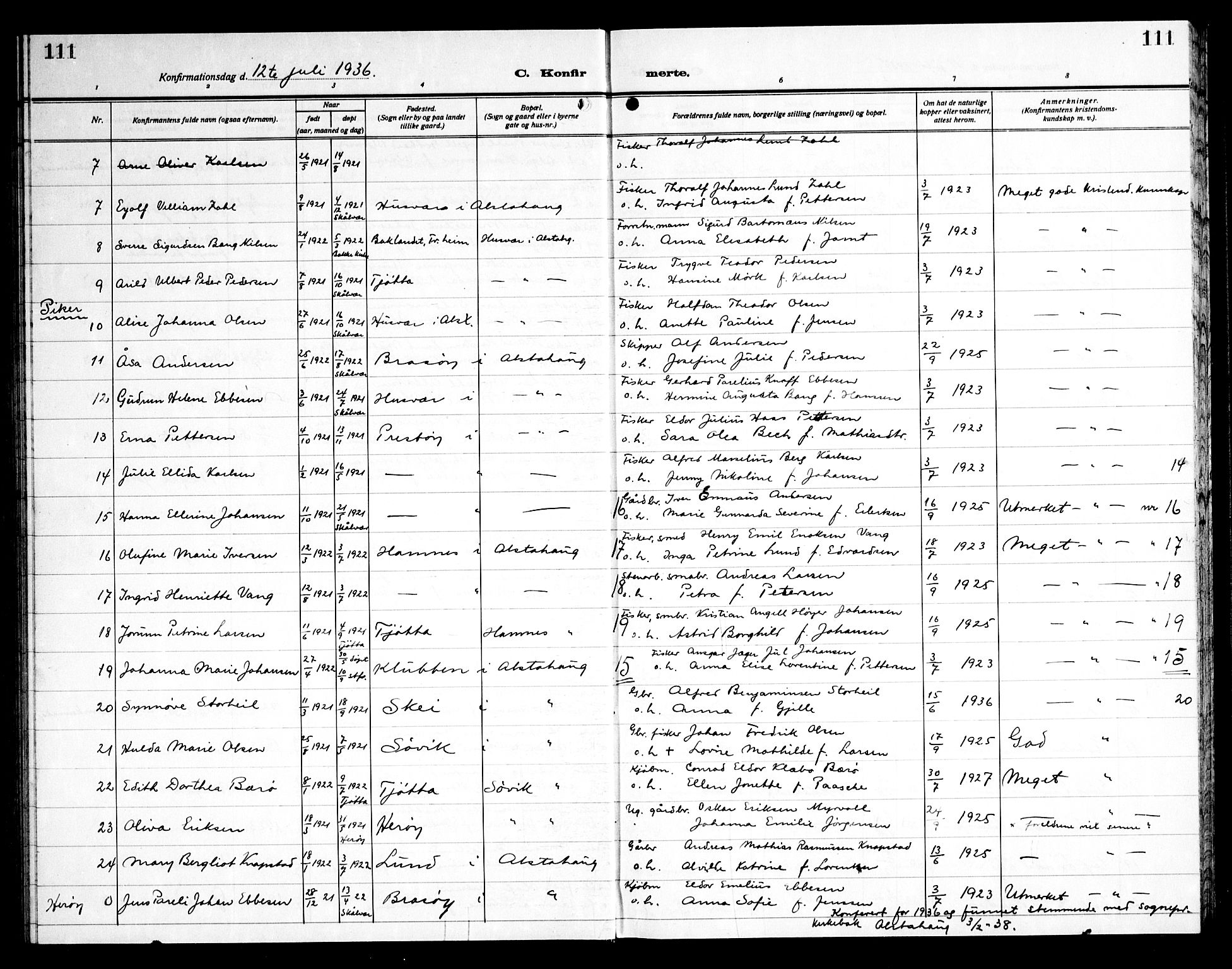 Ministerialprotokoller, klokkerbøker og fødselsregistre - Nordland, AV/SAT-A-1459/830/L0466: Klokkerbok nr. 830C08, 1920-1945, s. 111