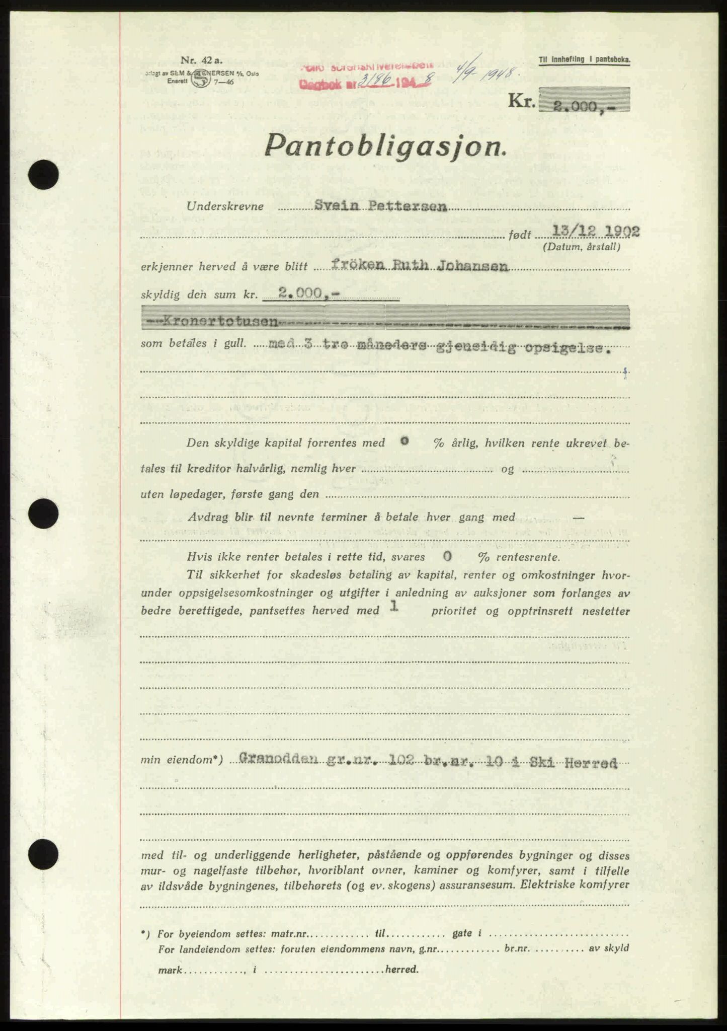 Follo sorenskriveri, SAO/A-10274/G/Ga/Gaa/L0085: Pantebok nr. I 85, 1948-1948, Dagboknr: 3186/1948