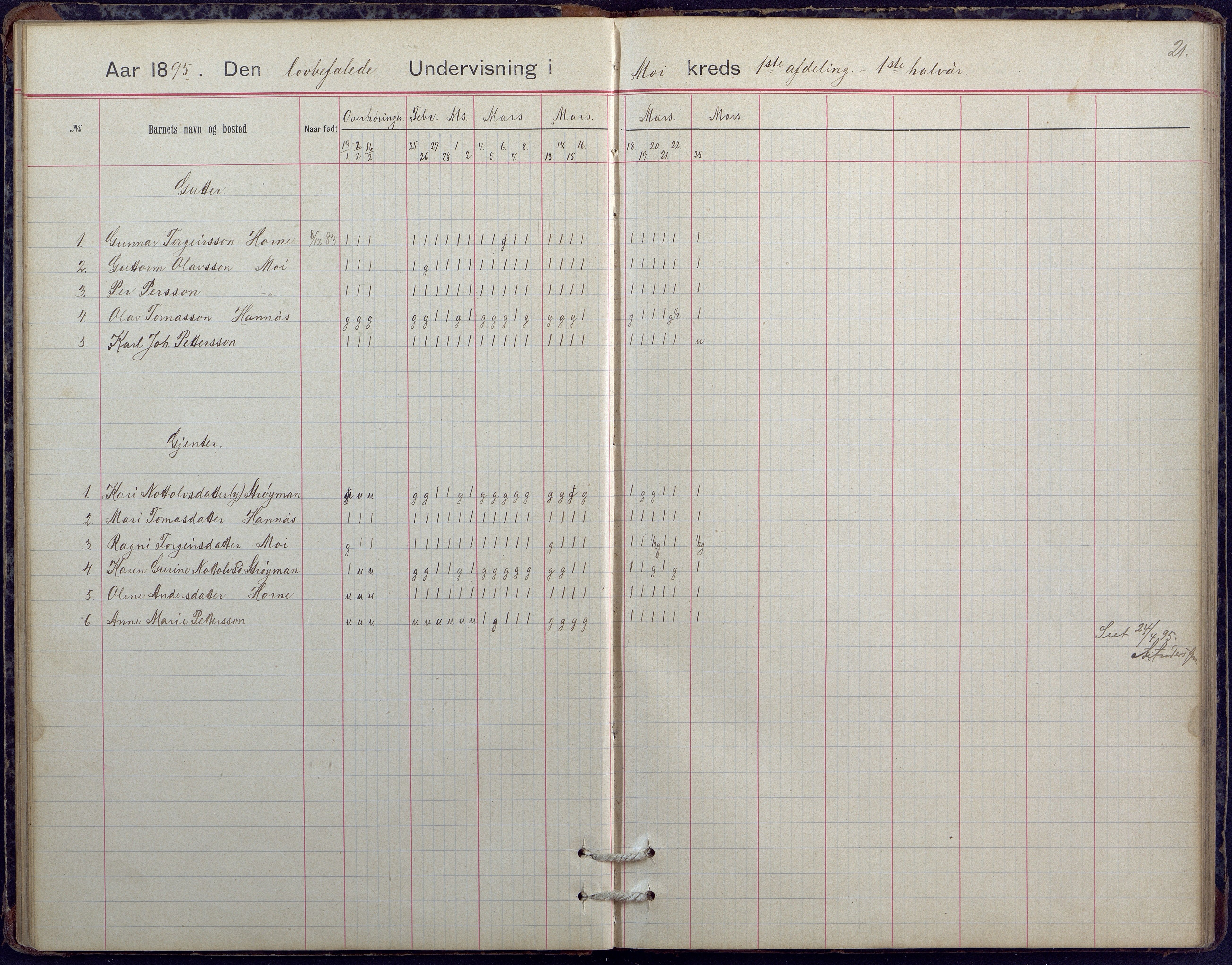 Hornnes kommune, Moi, Moseid, Kjetså skolekretser, AAKS/KA0936-550e/F1/L0005: Dagbok. Moseid, Moi, 1892-1908, s. 21