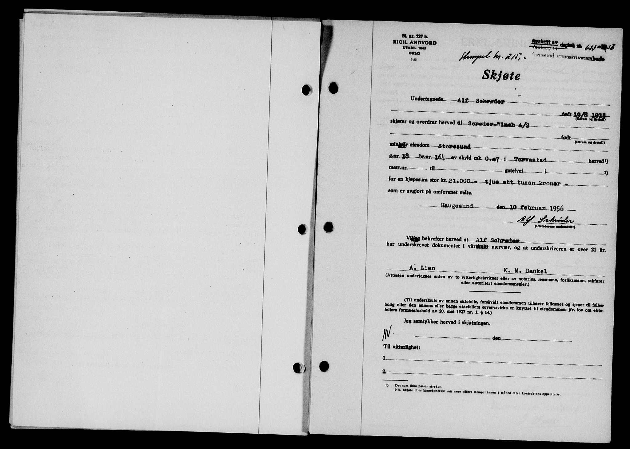 Karmsund sorenskriveri, SAST/A-100311/01/II/IIB/L0118: Pantebok nr. 98A, 1955-1956, Dagboknr: 633/1956