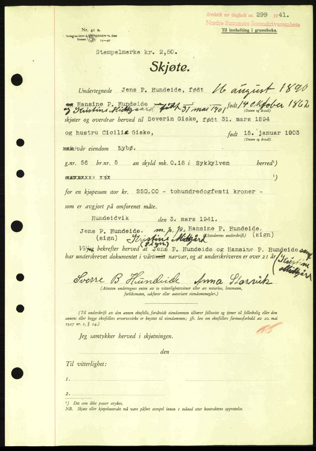 Nordre Sunnmøre sorenskriveri, SAT/A-0006/1/2/2C/2Ca: Pantebok nr. A10, 1940-1941, Dagboknr: 299/1941