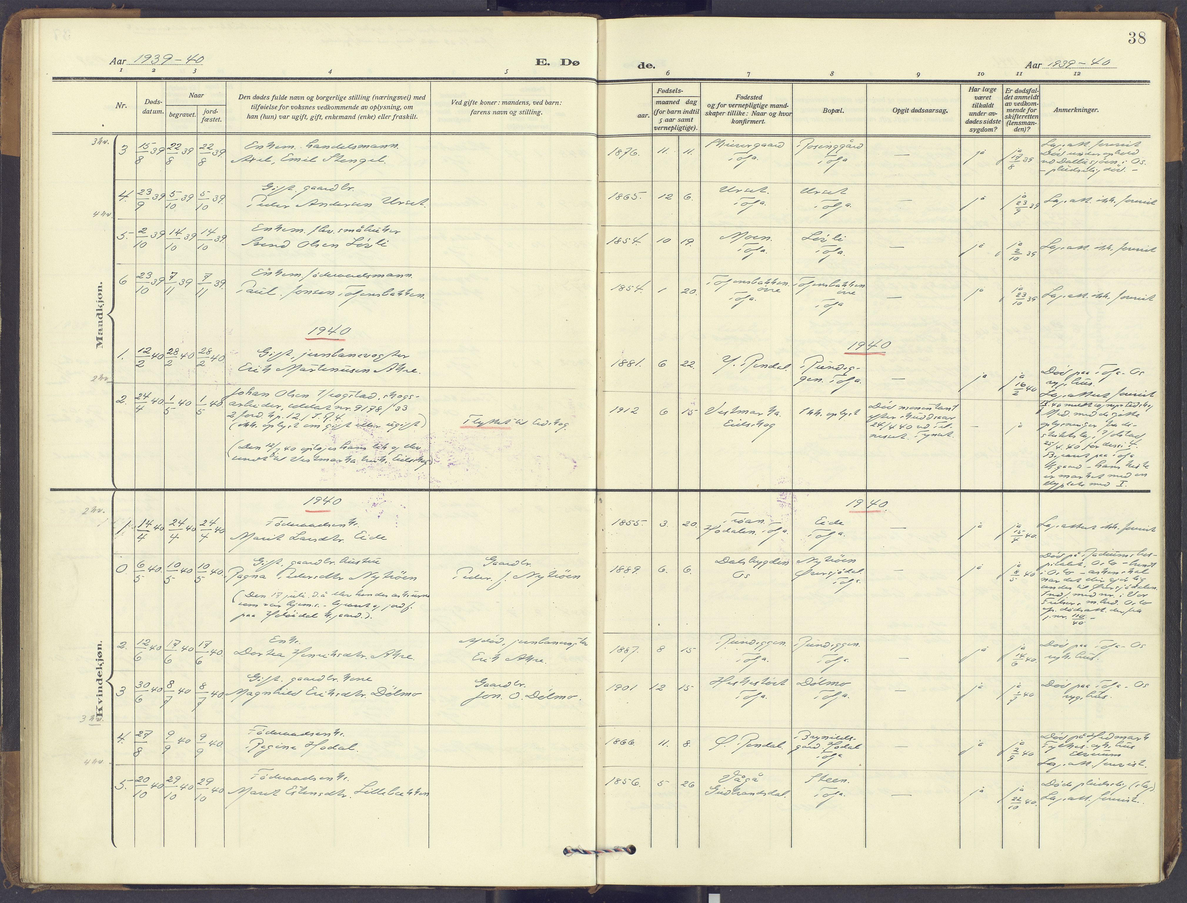 Tolga prestekontor, SAH/PREST-062/K/L0018: Ministerialbok nr. 18, 1911-1989, s. 38