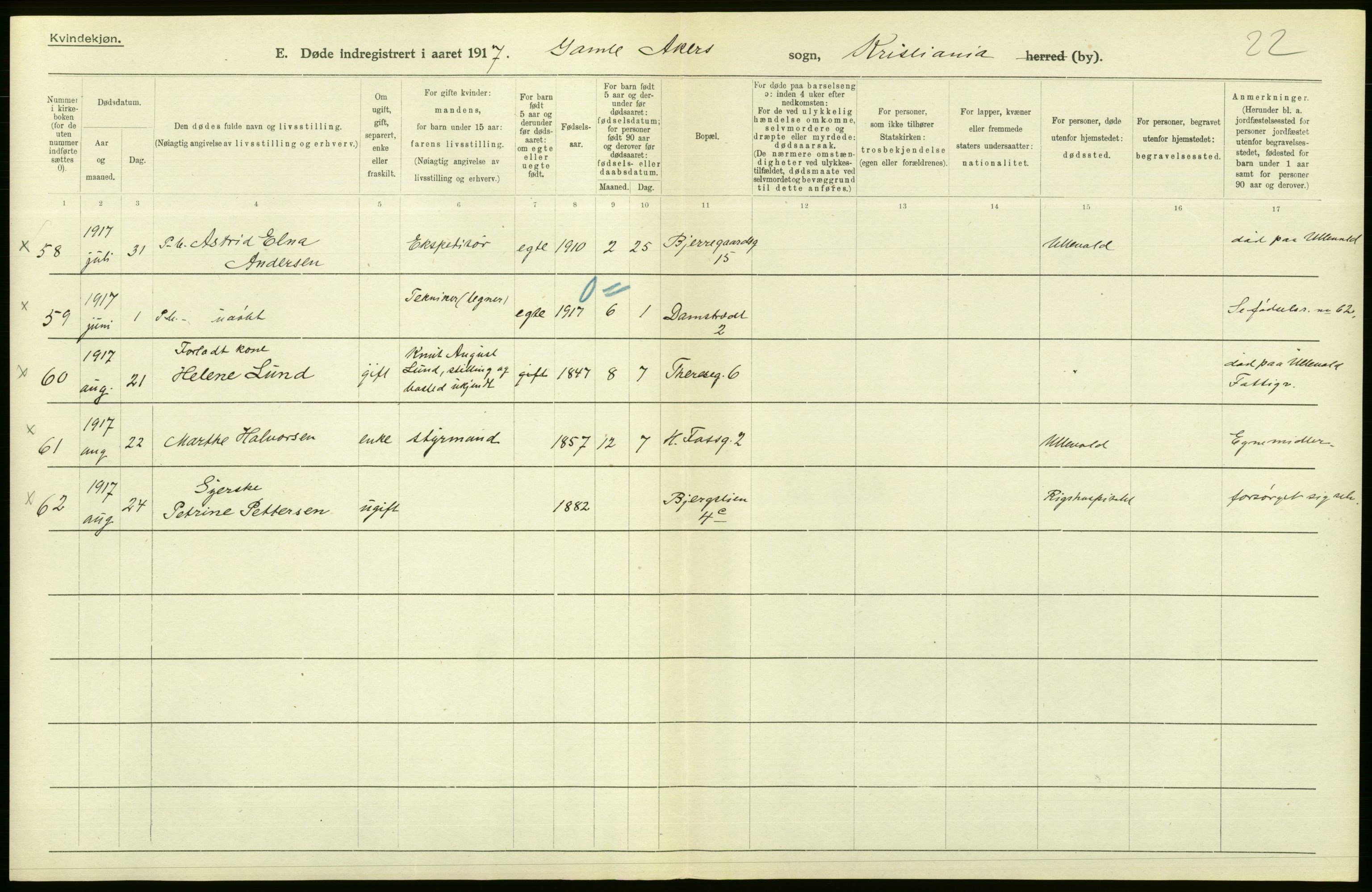 Statistisk sentralbyrå, Sosiodemografiske emner, Befolkning, AV/RA-S-2228/D/Df/Dfb/Dfbg/L0010: Kristiania: Døde, 1917, s. 102