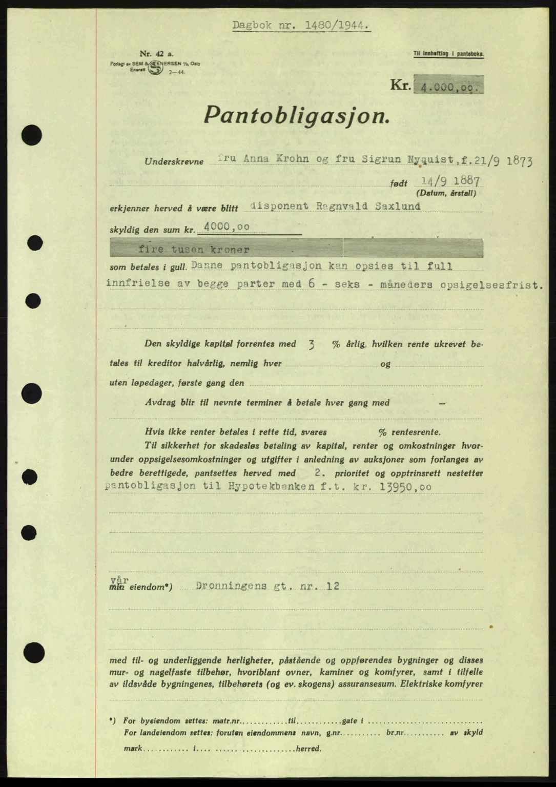 Moss sorenskriveri, SAO/A-10168: Pantebok nr. B13, 1943-1945, Dagboknr: 1480/1944