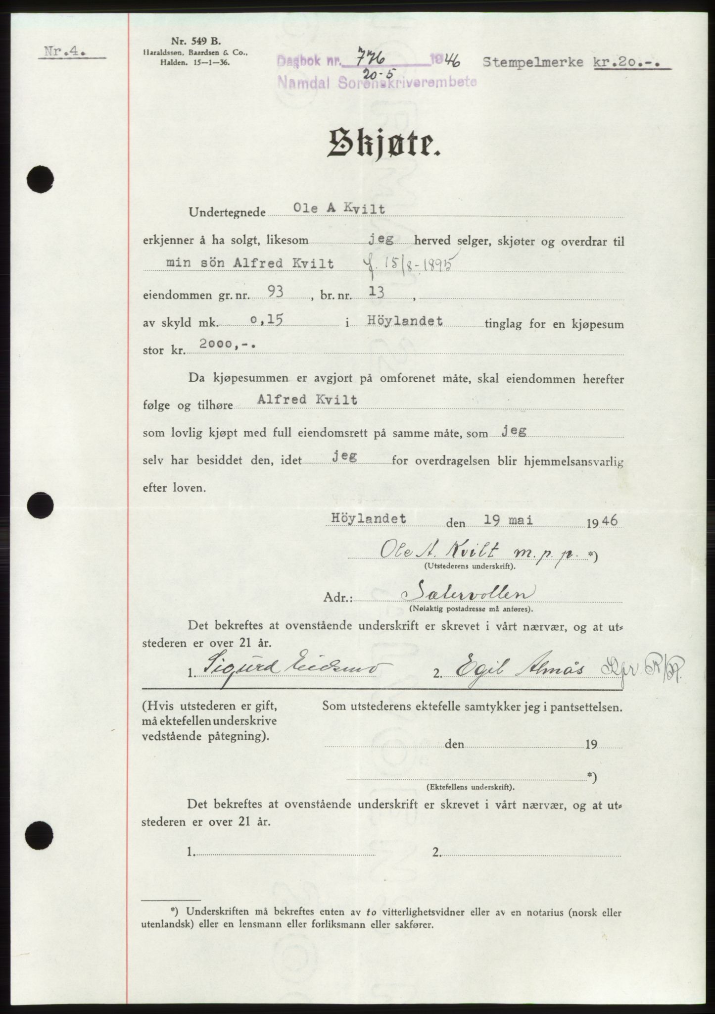Namdal sorenskriveri, SAT/A-4133/1/2/2C: Pantebok nr. -, 1946-1946, Dagboknr: 776/1946