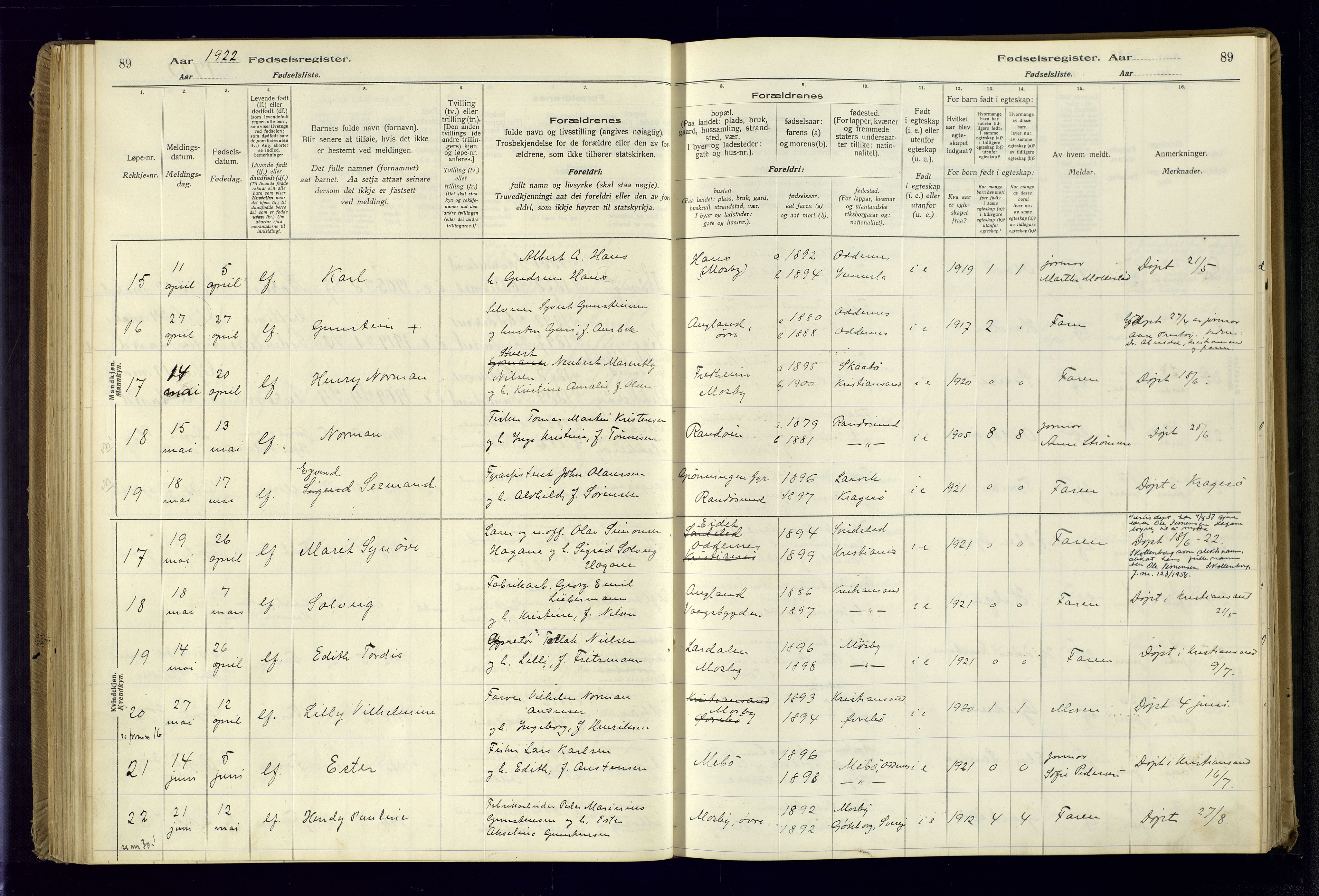 Oddernes sokneprestkontor, AV/SAK-1111-0033/J/Ja/L0001: Fødselsregister nr. 1, 1916-1935, s. 89