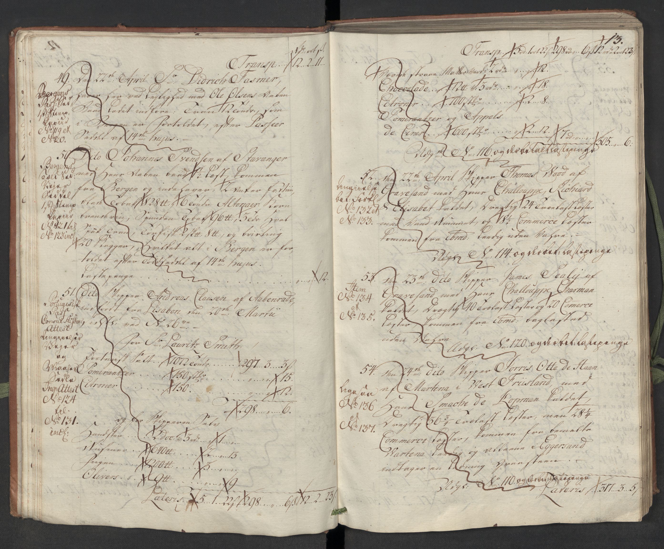 Generaltollkammeret, tollregnskaper, AV/RA-EA-5490/R22/L0018/0001: Tollregnskaper Stavanger / Hovedtollbok, 1756, s. 12b-13a