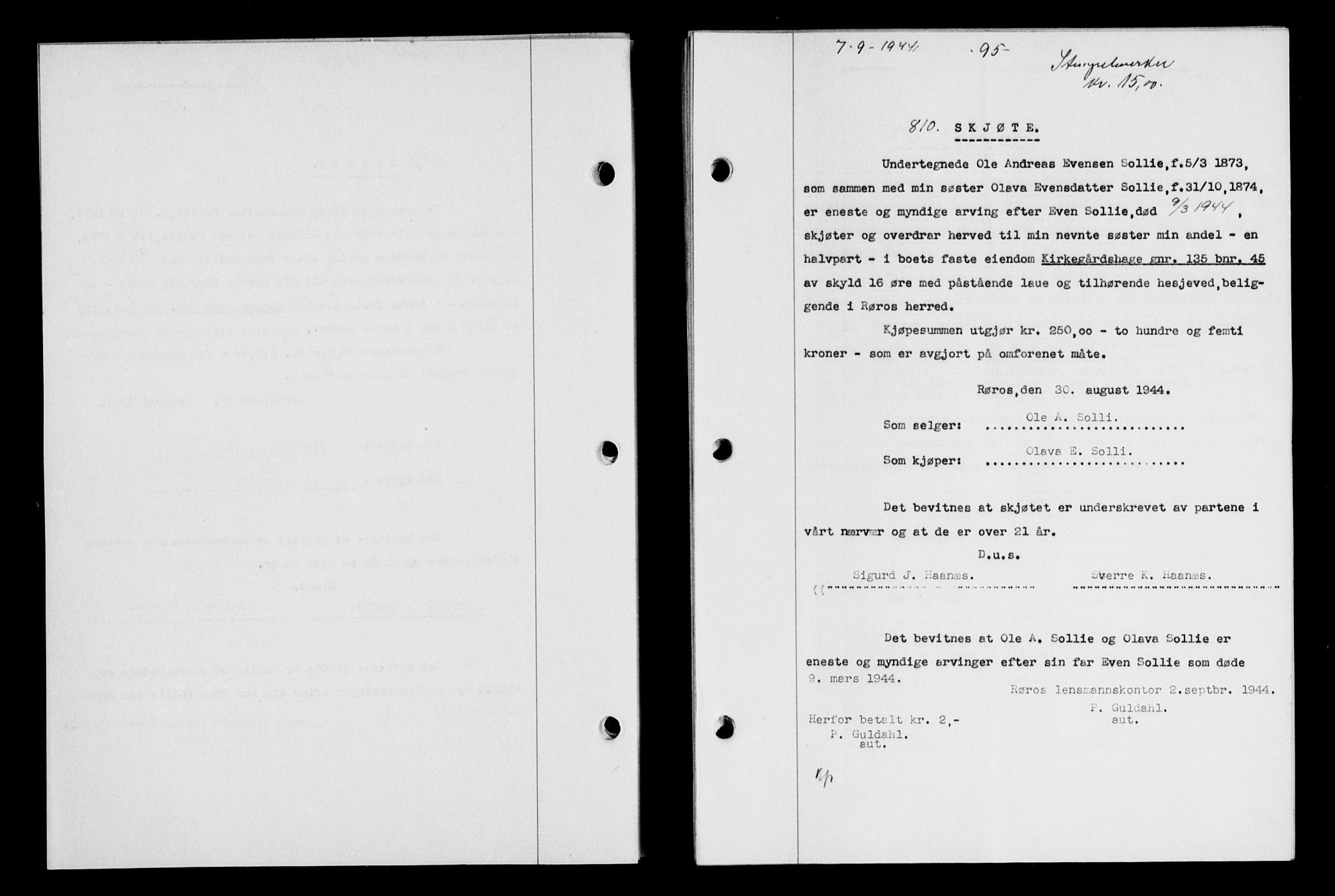 Gauldal sorenskriveri, SAT/A-0014/1/2/2C/L0058: Pantebok nr. 63, 1944-1945, Dagboknr: 810/1944