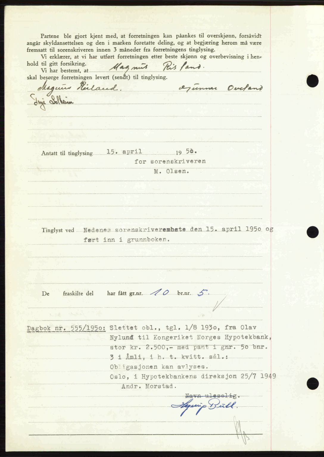 Nedenes sorenskriveri, SAK/1221-0006/G/Gb/Gba/L0062: Pantebok nr. A14, 1949-1950, Dagboknr: 554/1950