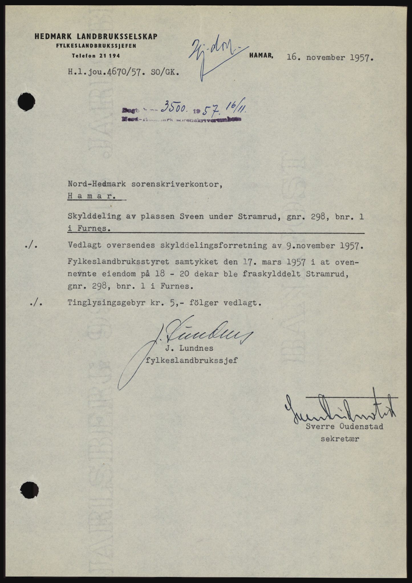 Nord-Hedmark sorenskriveri, SAH/TING-012/H/Hc/L0011: Pantebok nr. 11, 1956-1957, Dagboknr: 3500/1957