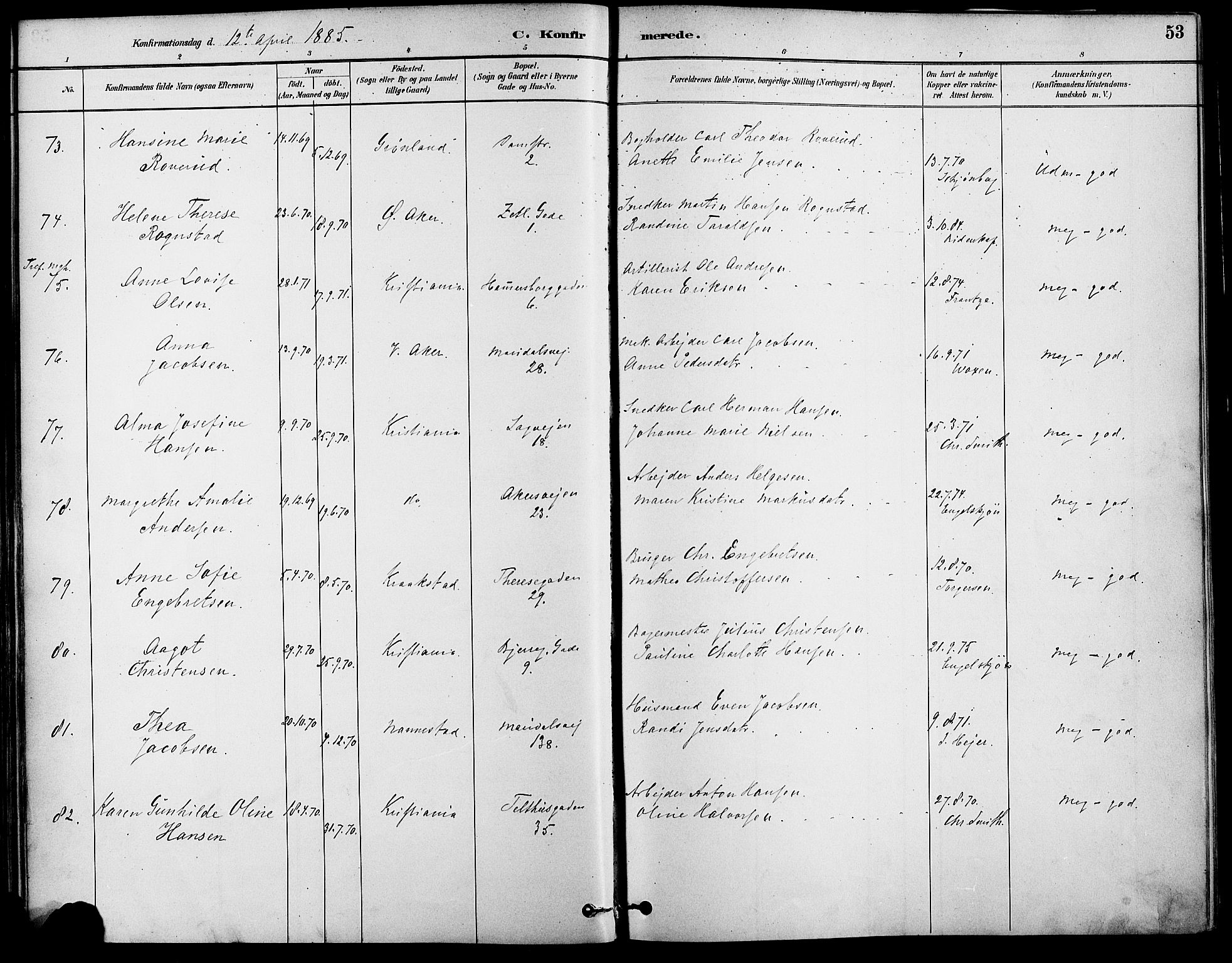 Gamle Aker prestekontor Kirkebøker, AV/SAO-A-10617a/F/L0007: Ministerialbok nr. 7, 1882-1890, s. 53