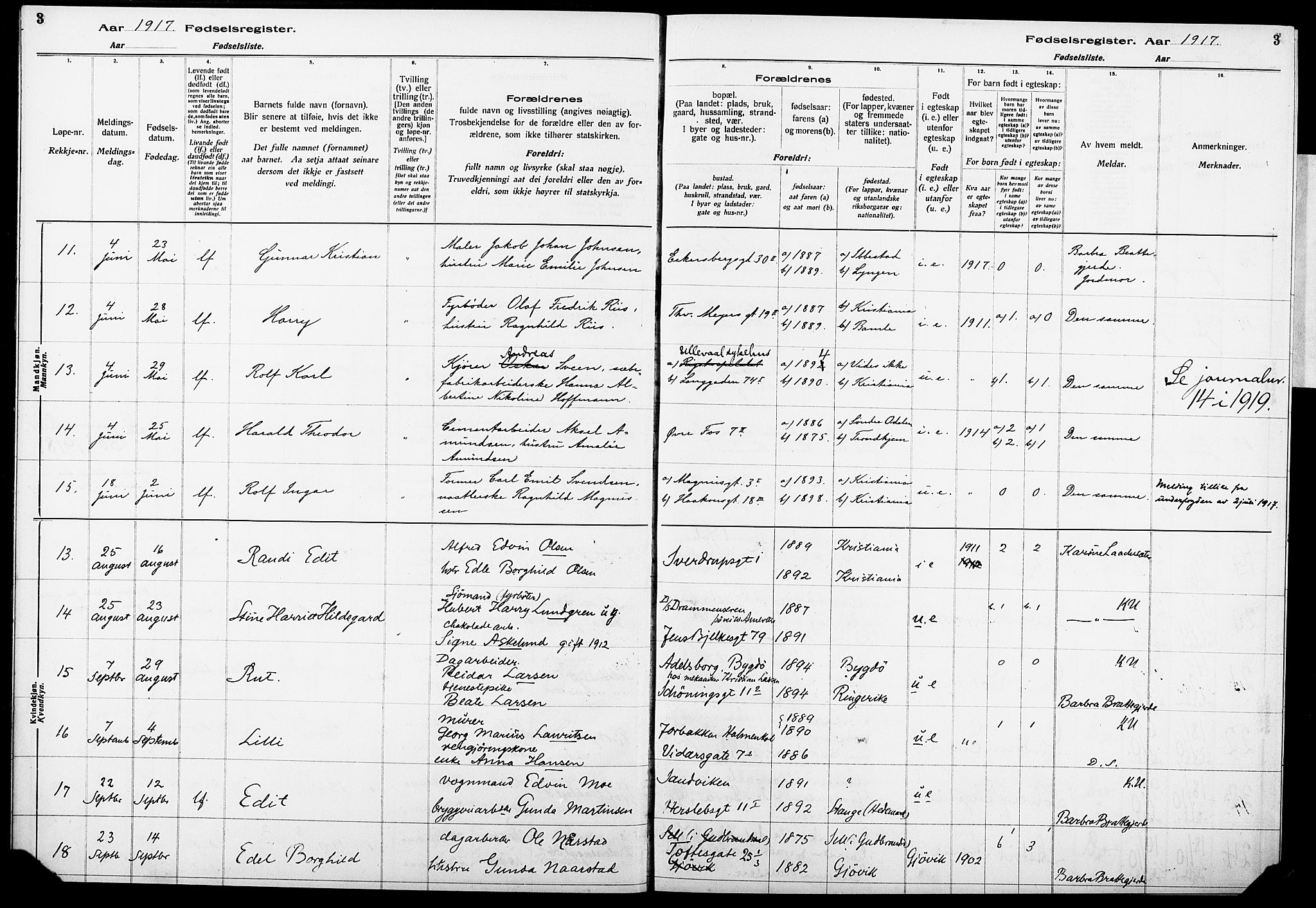 Krohgstøtten sykehusprest Kirkebøker, AV/SAO-A-10854/J/Ja/L0001: Fødselsregister nr. 1, 1917-1928, s. 3