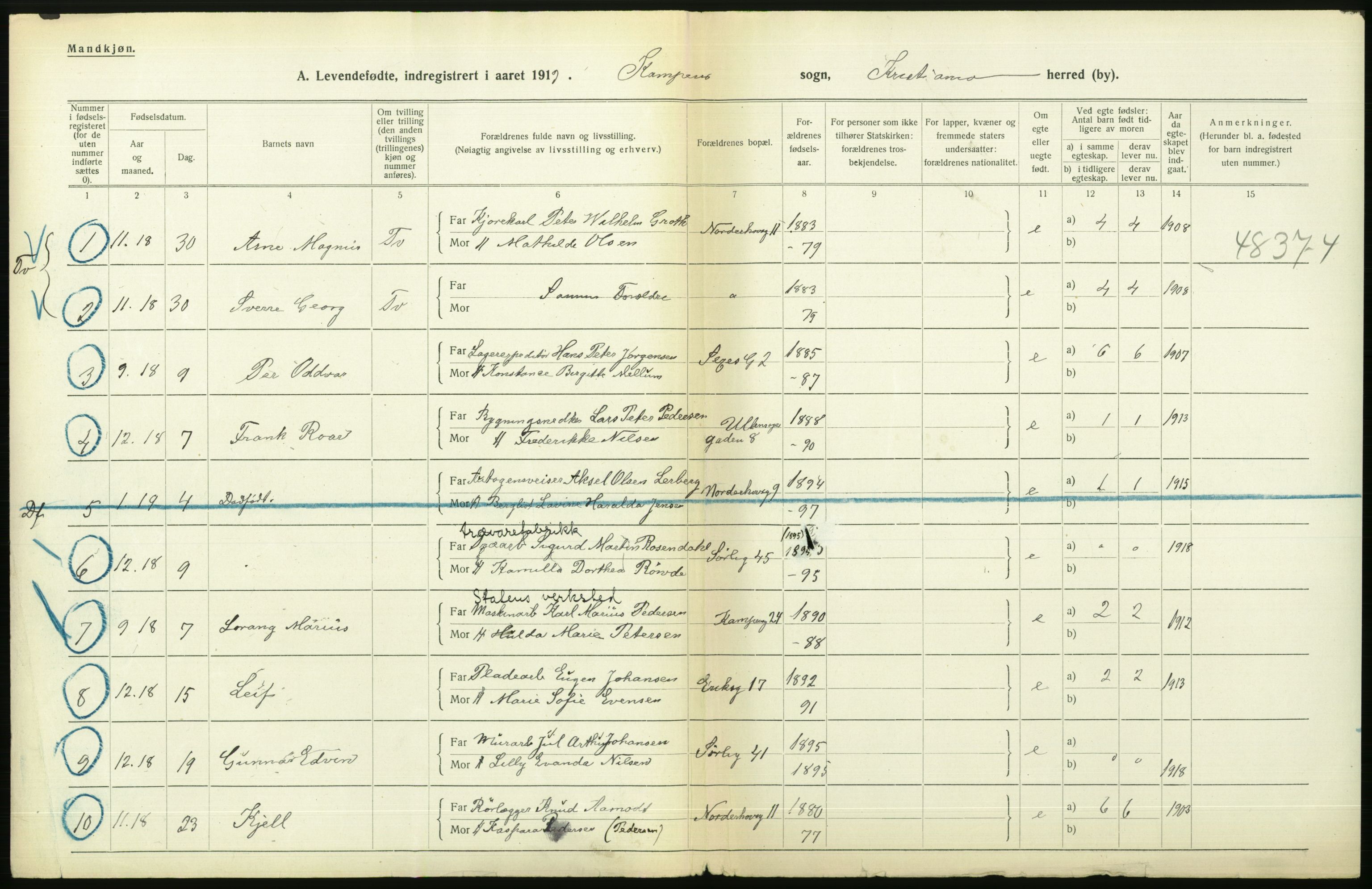 Statistisk sentralbyrå, Sosiodemografiske emner, Befolkning, AV/RA-S-2228/D/Df/Dfb/Dfbi/L0008: Kristiania: Levendefødte menn og kvinner., 1919