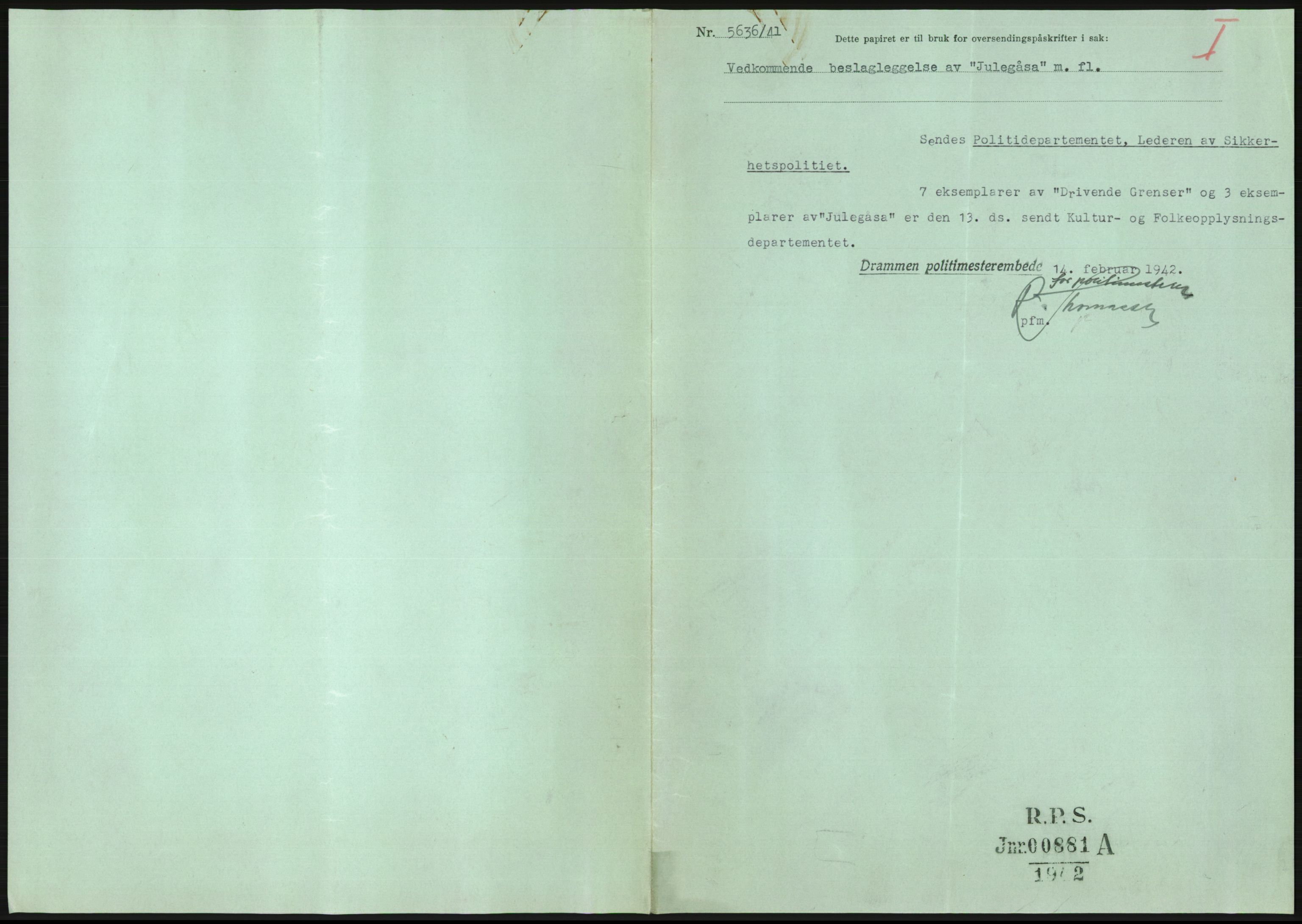 Statspolitiet - Hovedkontoret / Osloavdelingen, AV/RA-S-1329/F/L0091: Beslaglagt litteratur, 1941-1943, s. 39