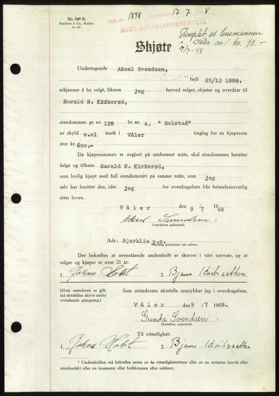 Moss sorenskriveri, SAO/A-10168: Pantebok nr. A20, 1948-1948, Dagboknr: 1898/1948