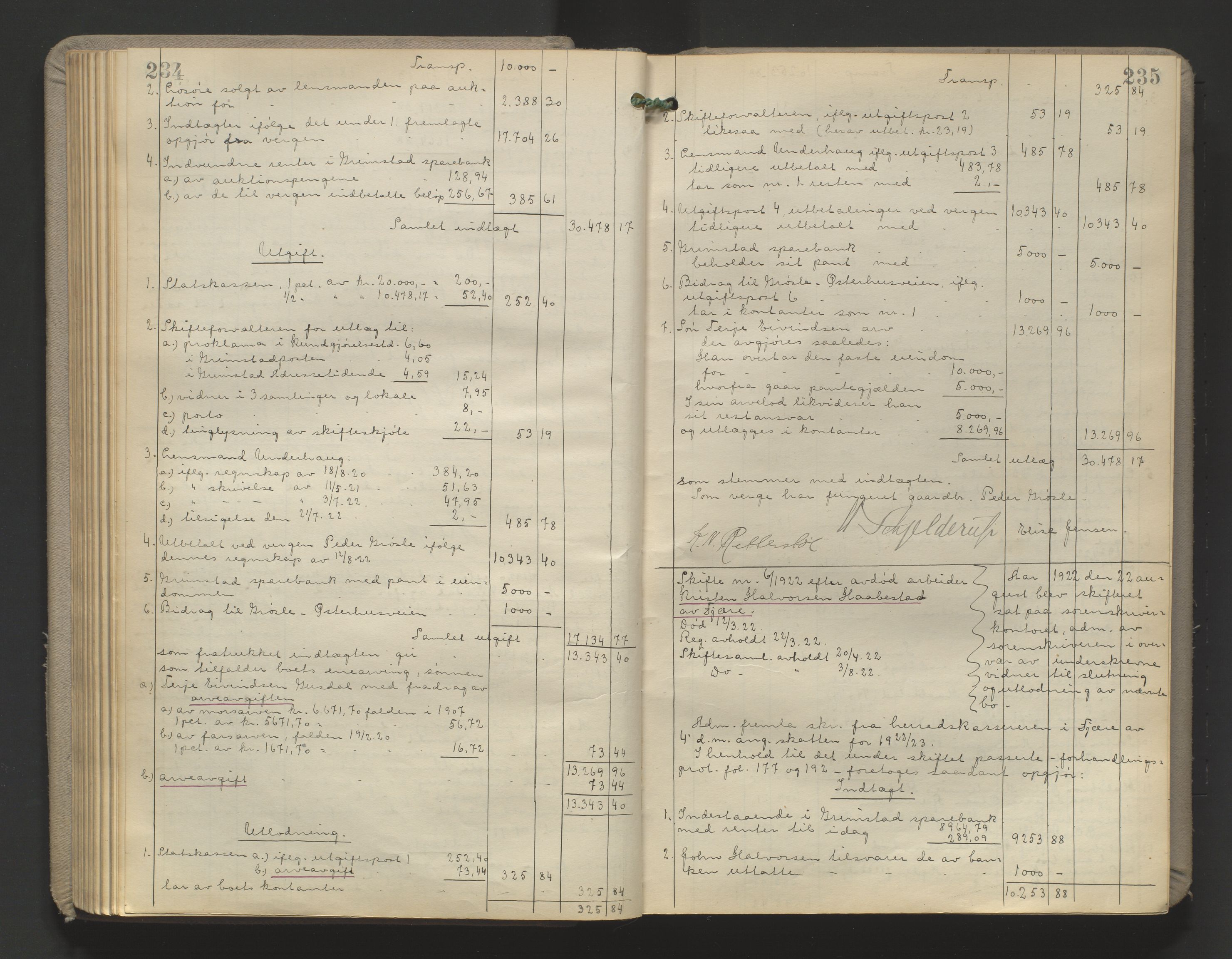 Vestre Nedenes/Sand sorenskriveri, AV/SAK-1221-0010/H/Hc/L0022: Skifteutlodningsprotokoll nr. 9, 1919-1932, s. 234-235