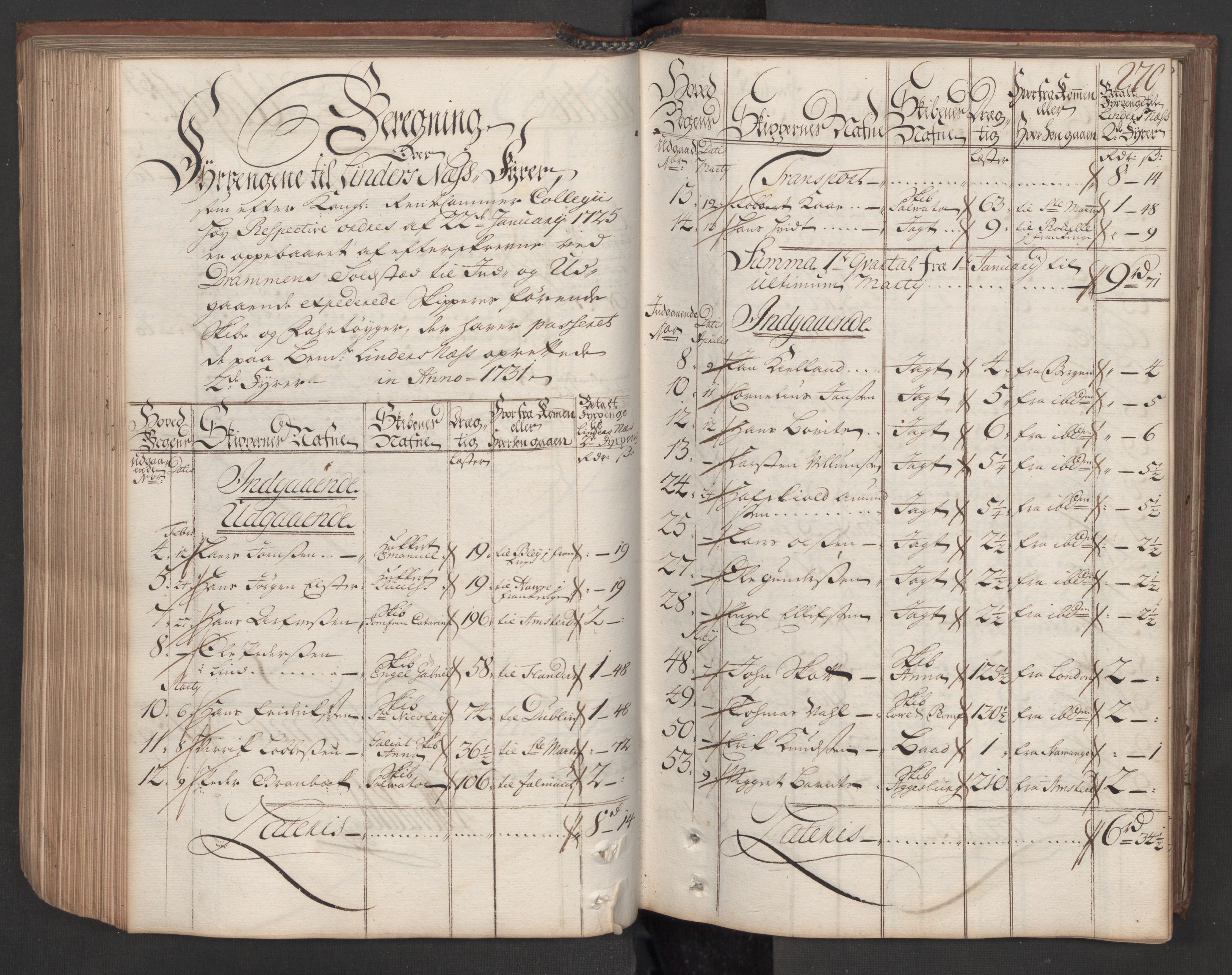 Generaltollkammeret, tollregnskaper, RA/EA-5490/R08/L0009/0001: Tollregnskaper Drammen / Hovedtollbok, 1731, s. 269b-270a