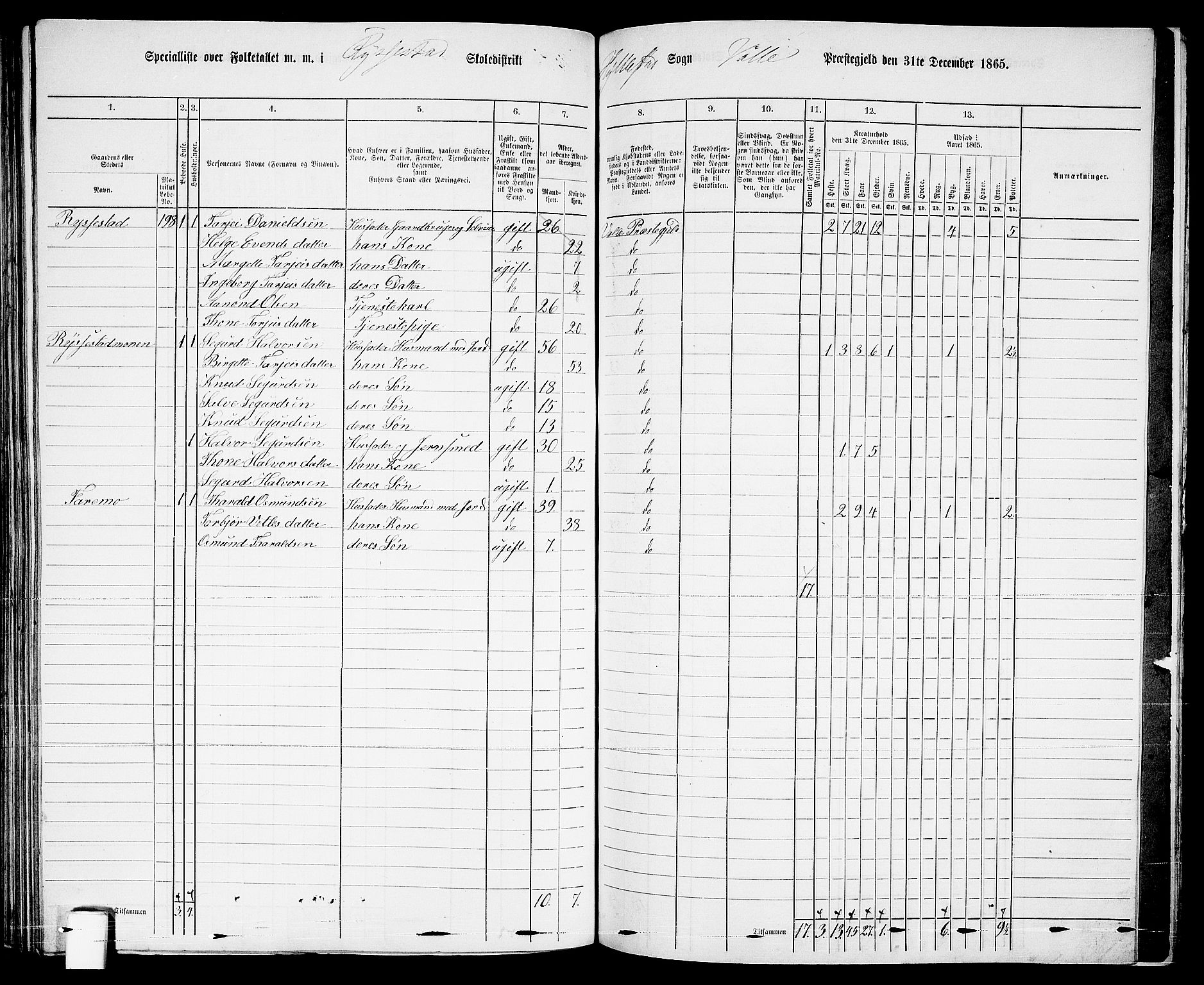 RA, Folketelling 1865 for 0940P Valle prestegjeld, 1865, s. 127