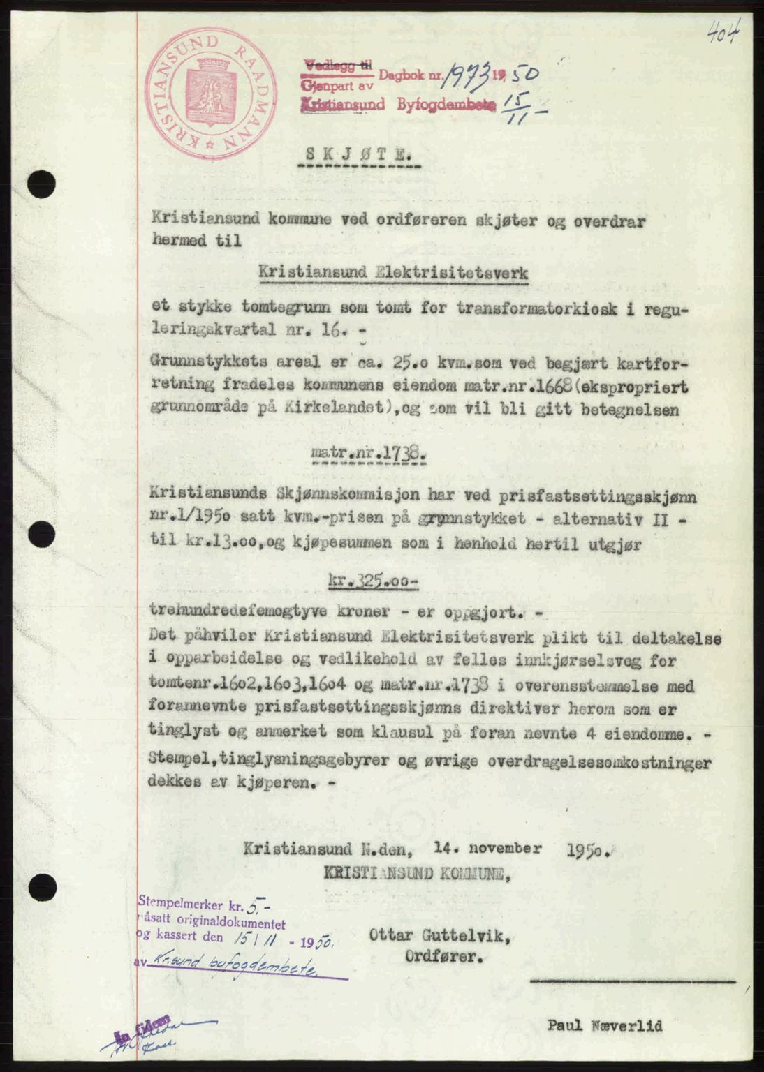 Kristiansund byfogd, AV/SAT-A-4587/A/27: Pantebok nr. 46, 1949-1950, Dagboknr: 1973/1950