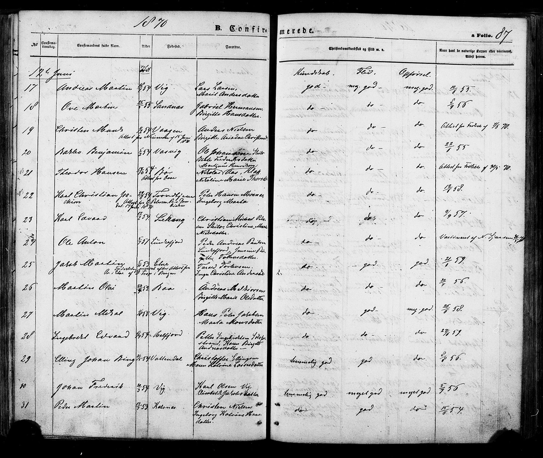 Ministerialprotokoller, klokkerbøker og fødselsregistre - Nordland, AV/SAT-A-1459/888/L1242: Ministerialbok nr. 888A08, 1870-1875, s. 87