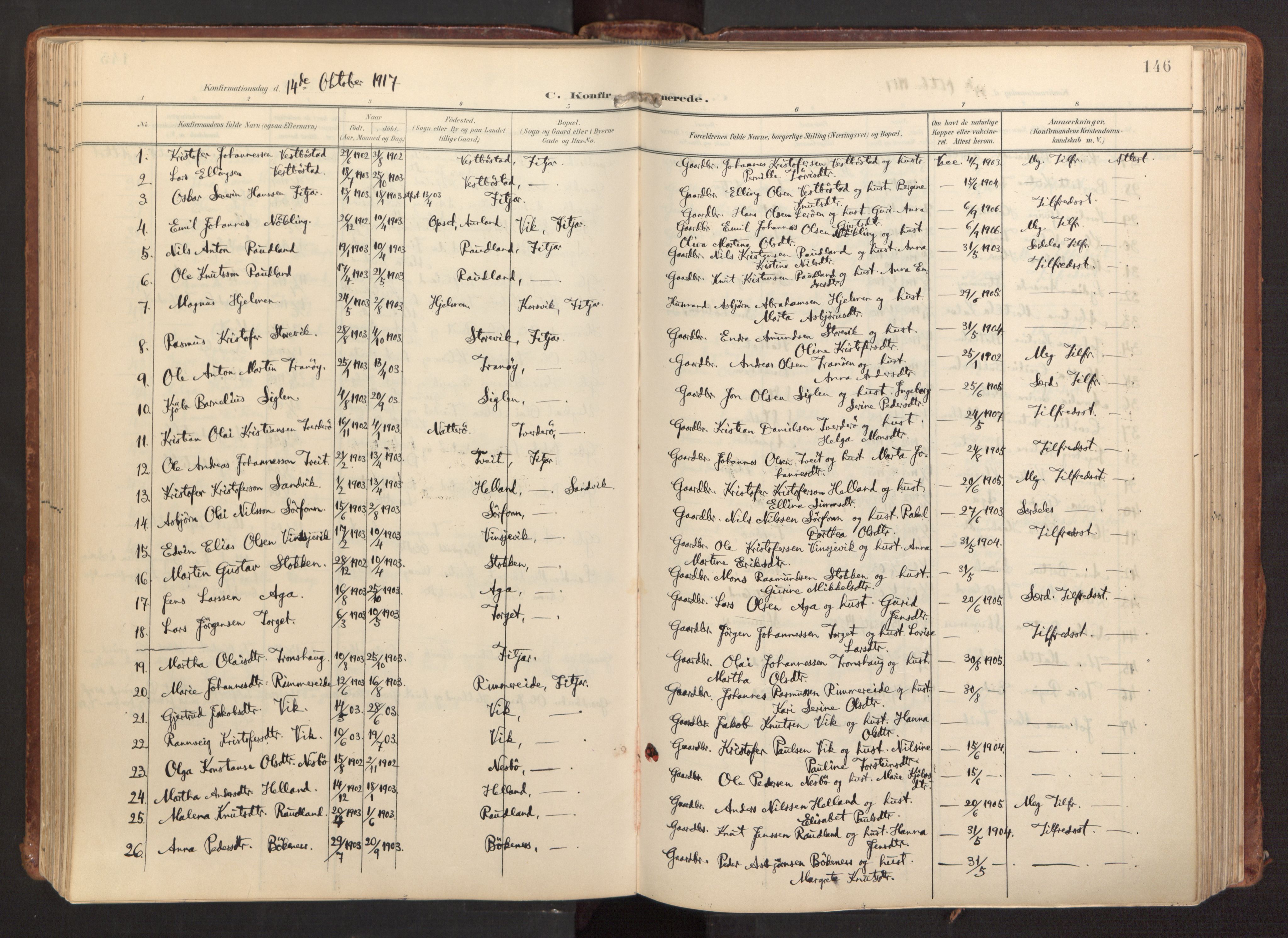Fitjar sokneprestembete, AV/SAB-A-99926: Ministerialbok nr. A 3, 1900-1918, s. 146