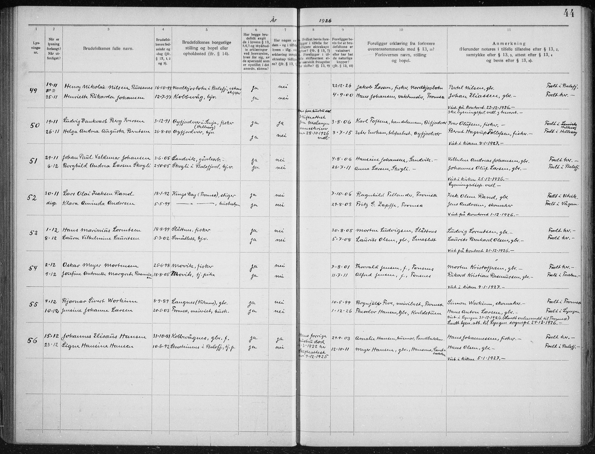 Tromsøysund sokneprestkontor, SATØ/S-1304/H/Hc/L0059: Lysningsprotokoll nr. 59, 1919-1937, s. 44