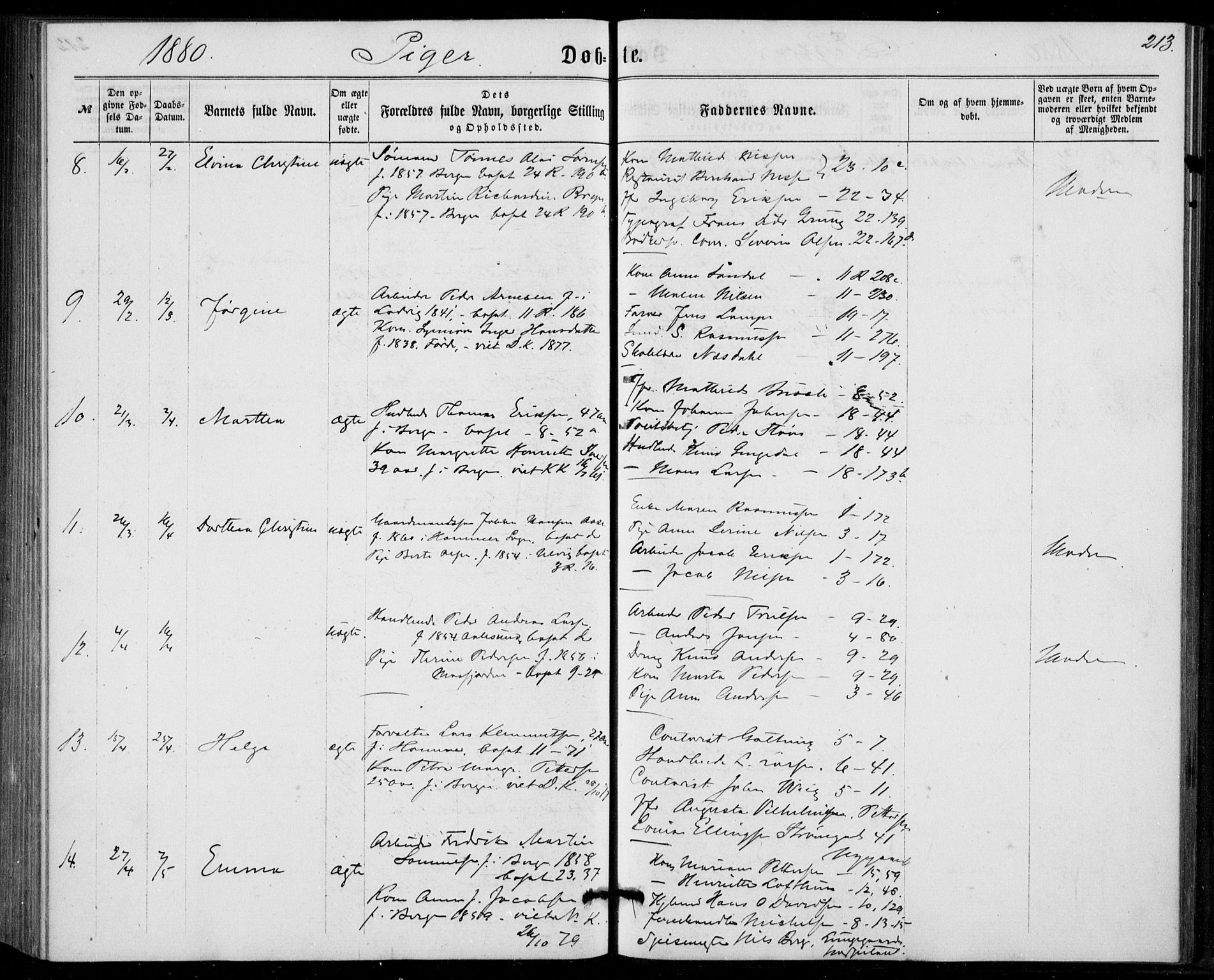 Fødselsstiftelsens sokneprestembete, ført av overlegen*, SAB/-: Ministerialbok nr. A 1, 1863-1883, s. 213