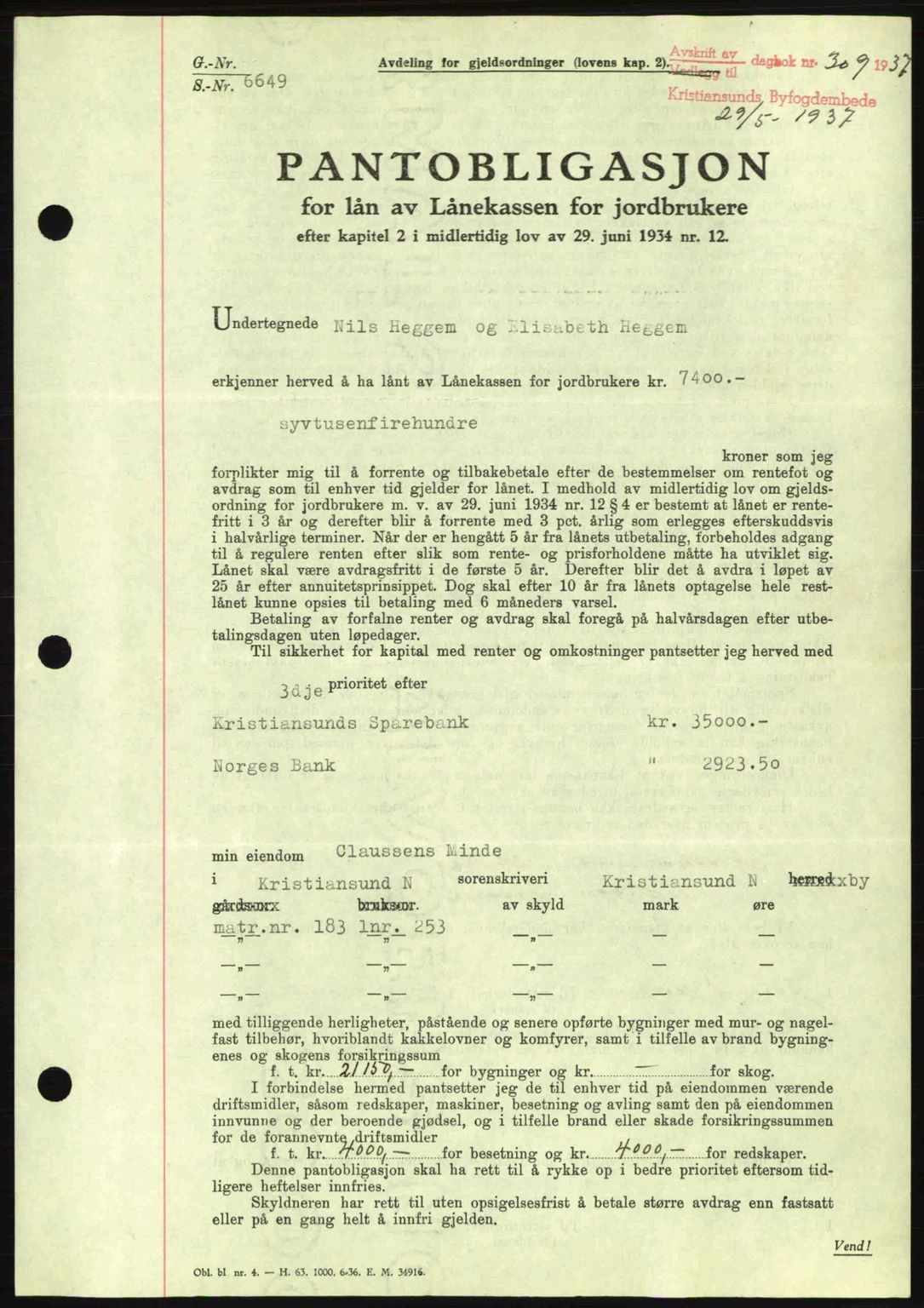 Kristiansund byfogd, SAT/A-4587/A/27: Pantebok nr. 29, 1936-1937, Dagboknr: 309/1937