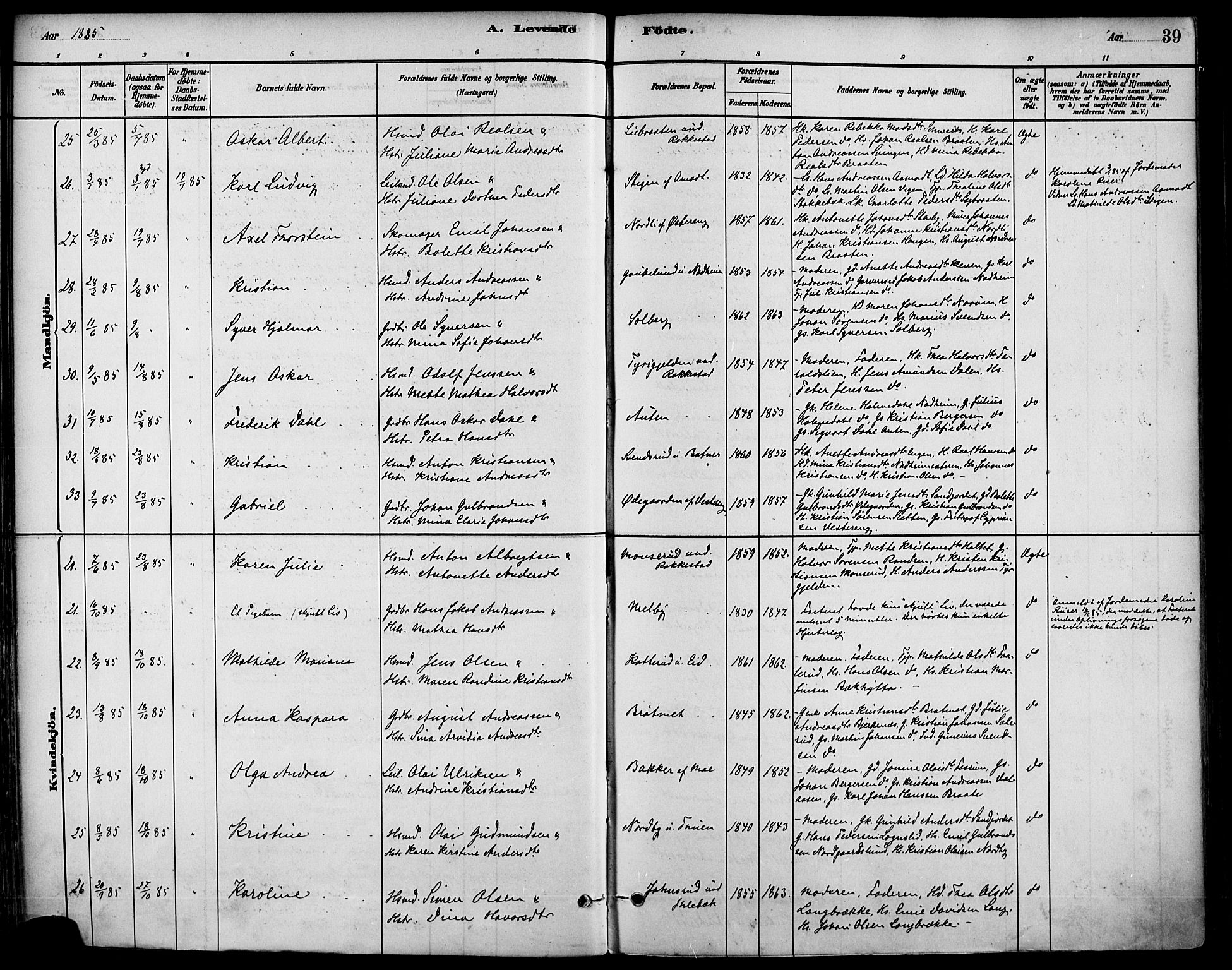 Høland prestekontor Kirkebøker, AV/SAO-A-10346a/F/Fa/L0013: Ministerialbok nr. I 13, 1880-1897, s. 39