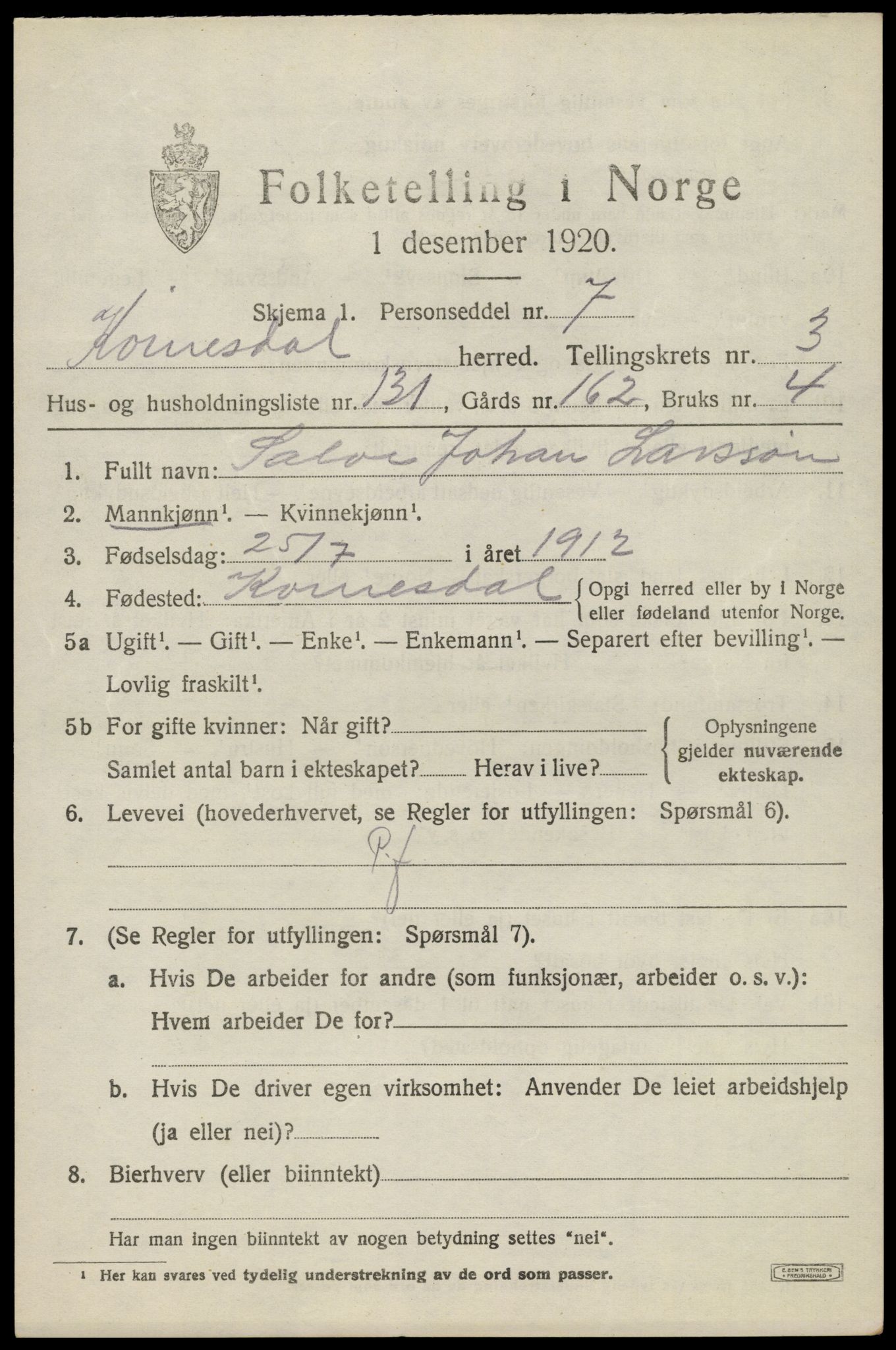 SAK, Folketelling 1920 for 1037 Kvinesdal herred, 1920, s. 4411