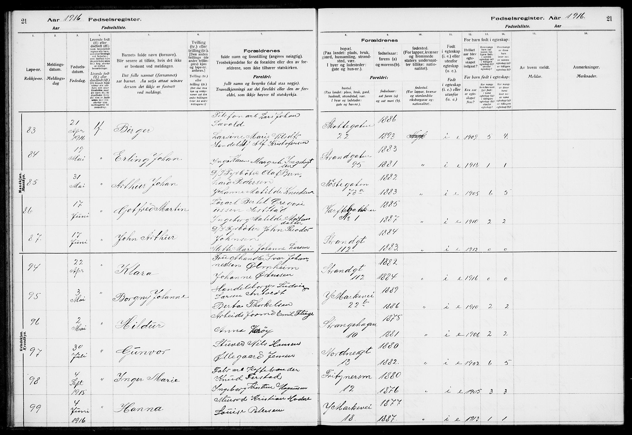 Nykirken Sokneprestembete, AV/SAB-A-77101/I/Id/L00A1: Fødselsregister nr. A 1, 1916-1922, s. 21