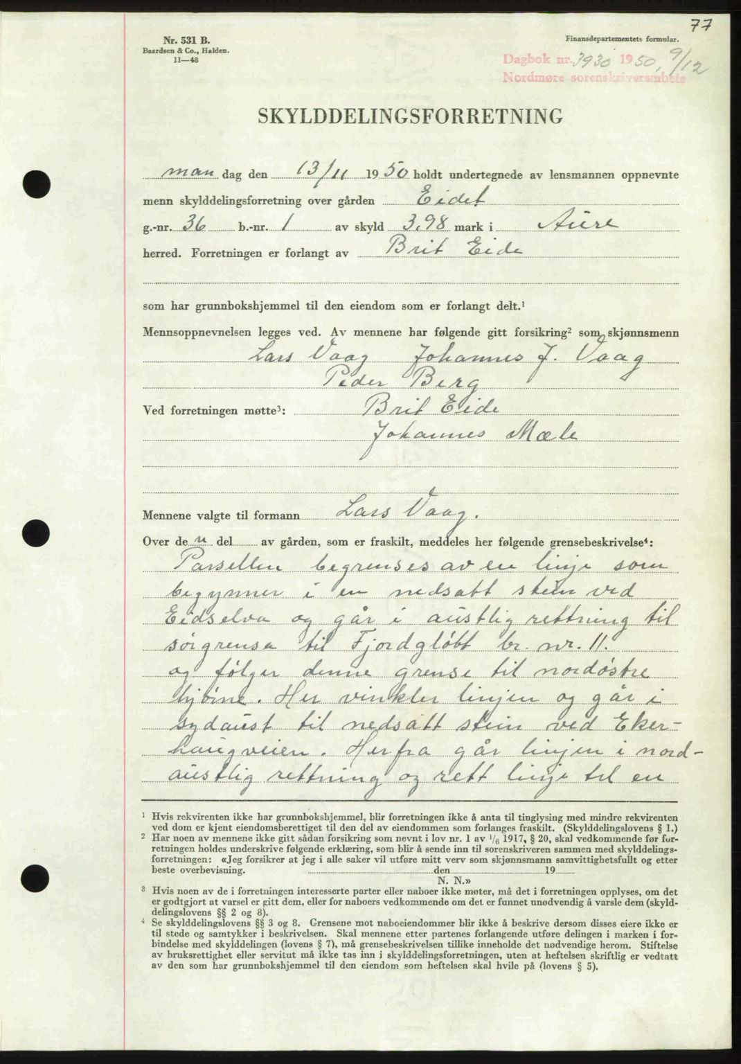 Nordmøre sorenskriveri, AV/SAT-A-4132/1/2/2Ca: Pantebok nr. A117, 1950-1950, Dagboknr: 3930/1950