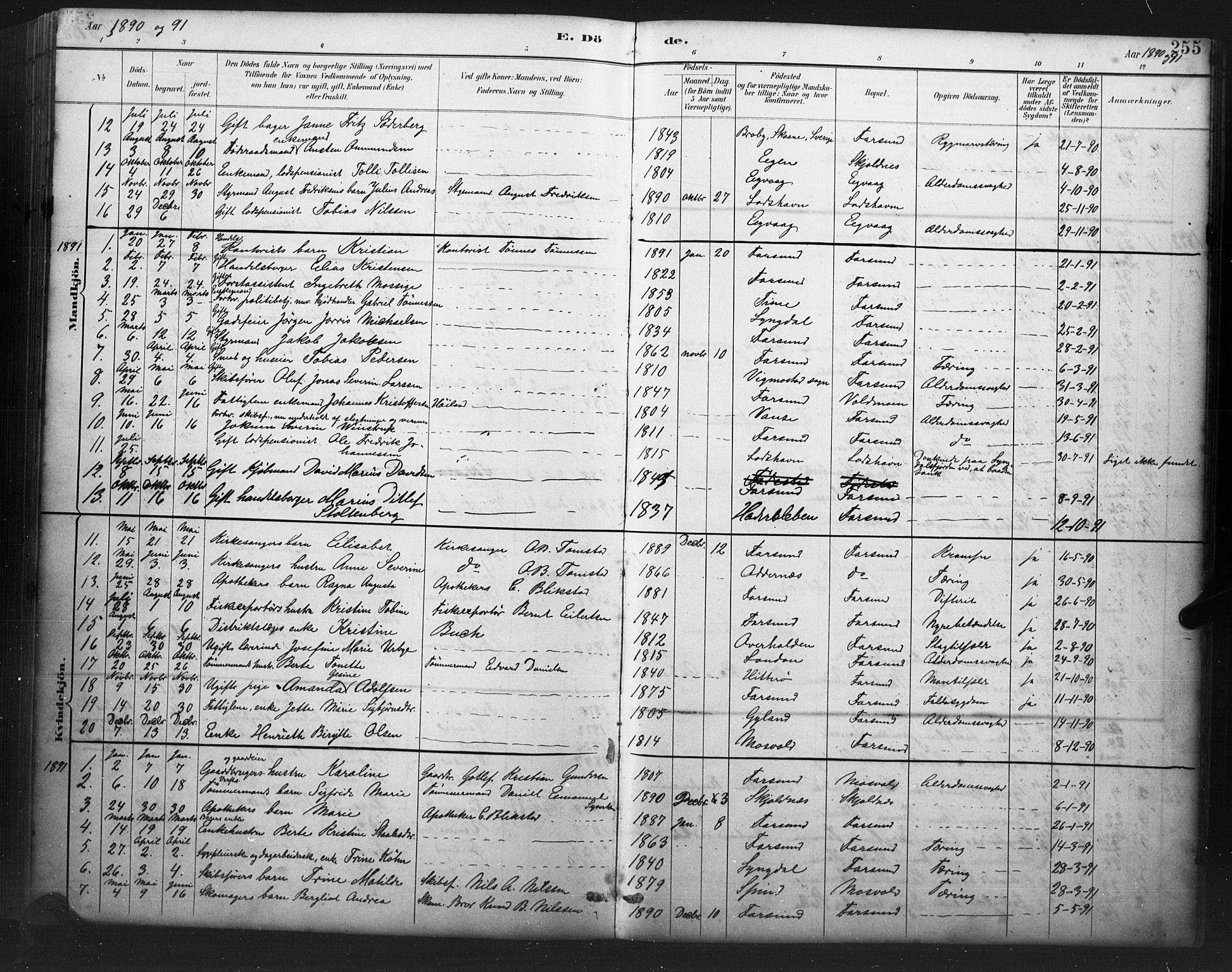 Farsund sokneprestkontor, AV/SAK-1111-0009/F/Fb/L0001: Klokkerbok nr. B 1, 1886-1931, s. 255