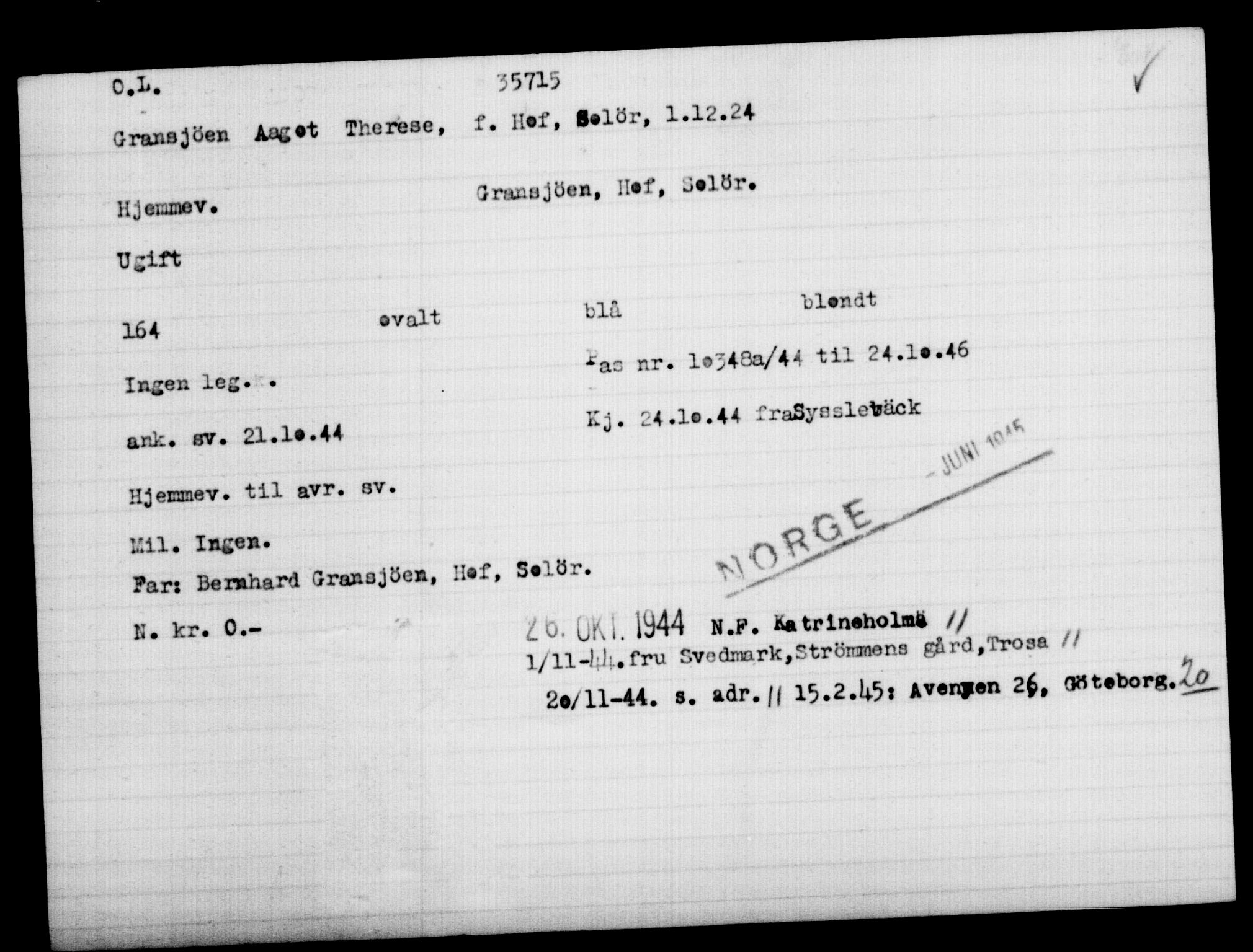 Utenriksstasjonene, Legasjonen i Stockholm, Flyktningkontoret, AV/RA-S-6753/V/Va/L0014: Kjesäterkartoteket, flyktninger med registreringsnr. 34700-37855, 1940-1945, s. 1073