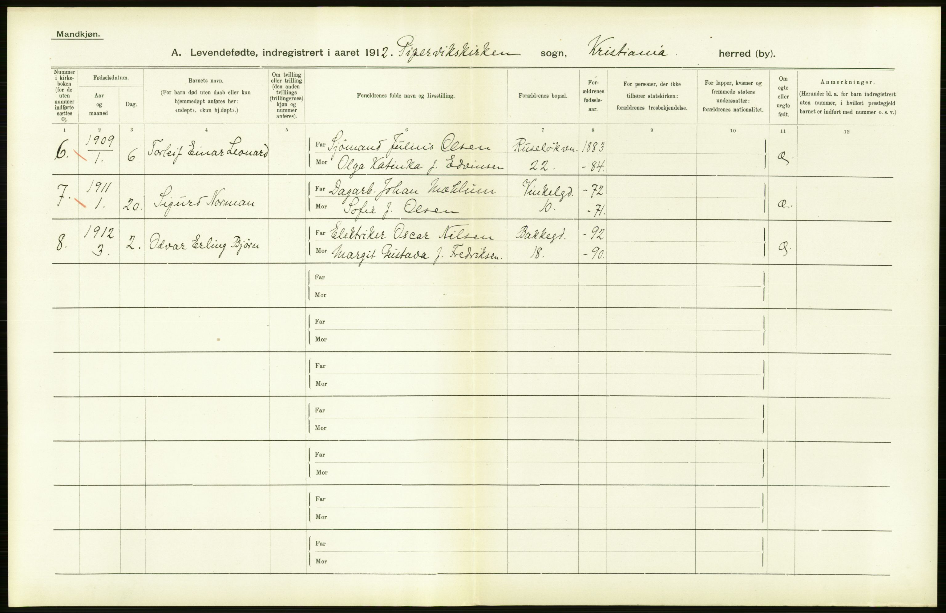 Statistisk sentralbyrå, Sosiodemografiske emner, Befolkning, RA/S-2228/D/Df/Dfb/Dfbb/L0006: Kristiania:  Levendefødte menn og kvinner., 1912, s. 718