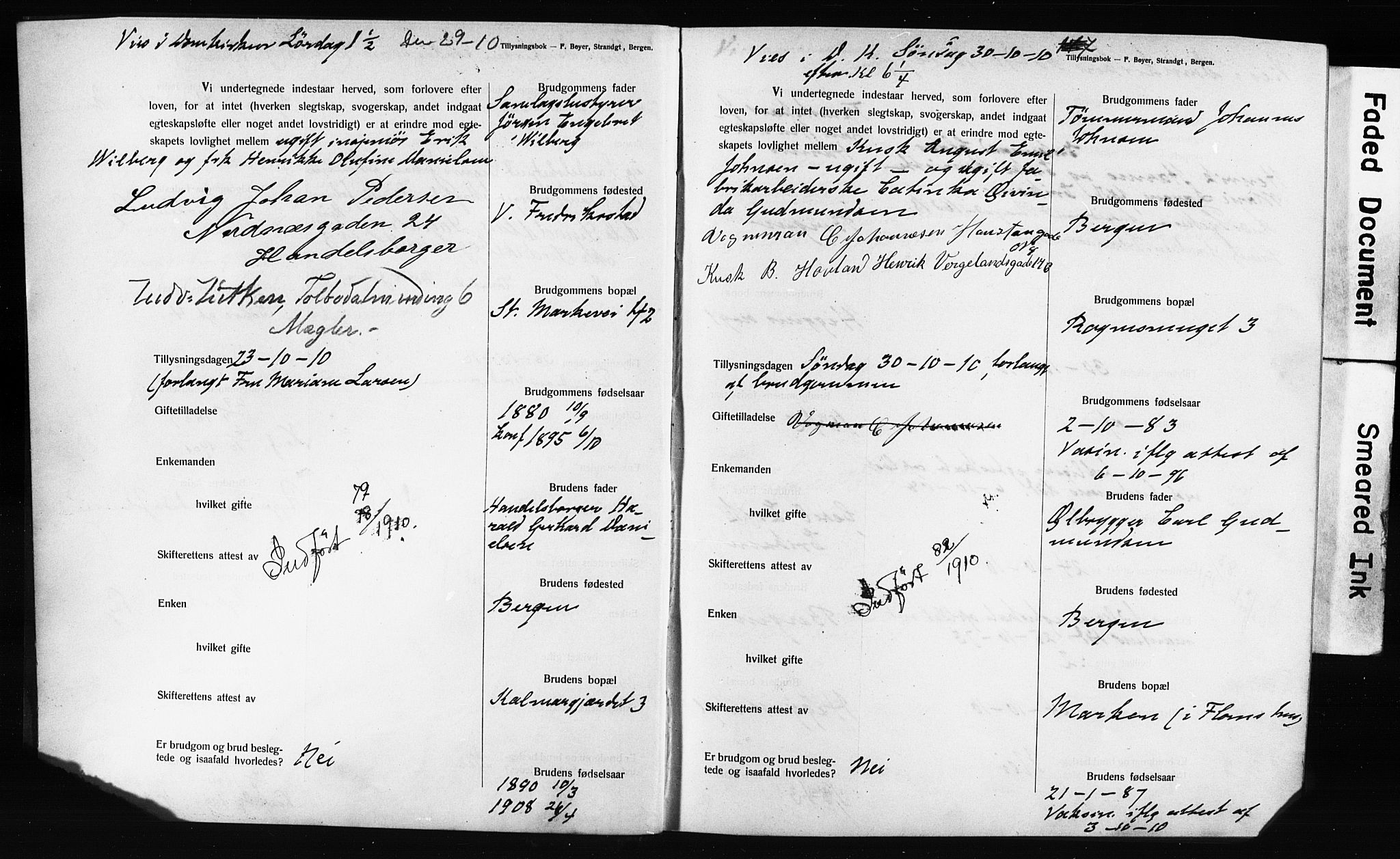 Domkirken sokneprestembete, SAB/A-74801: Forlovererklæringer nr. II.5.12, 1910-1917, s. 4