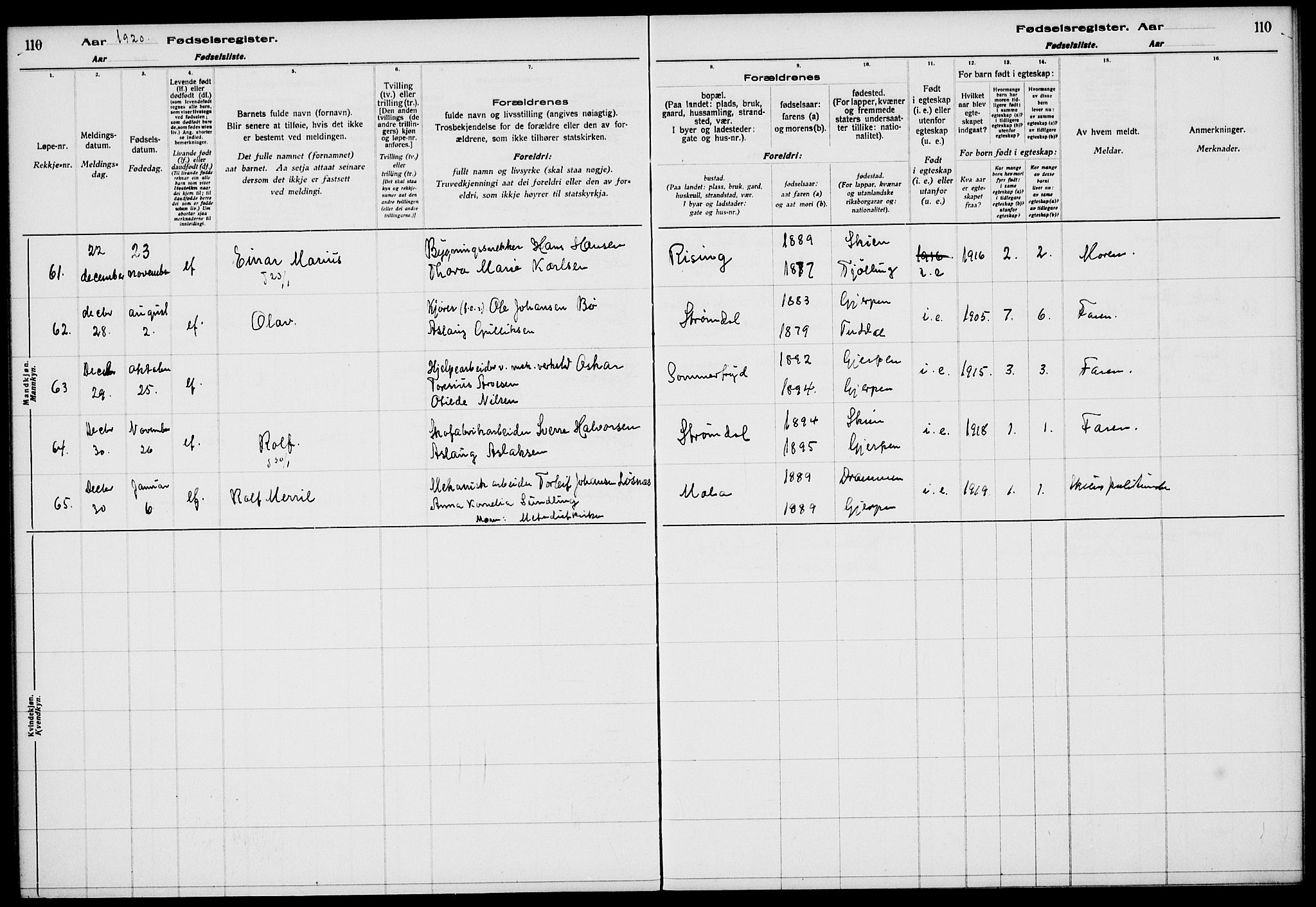 Gjerpen kirkebøker, SAKO/A-265/J/Ja/L0001: Fødselsregister nr. 1, 1916-1926, s. 110