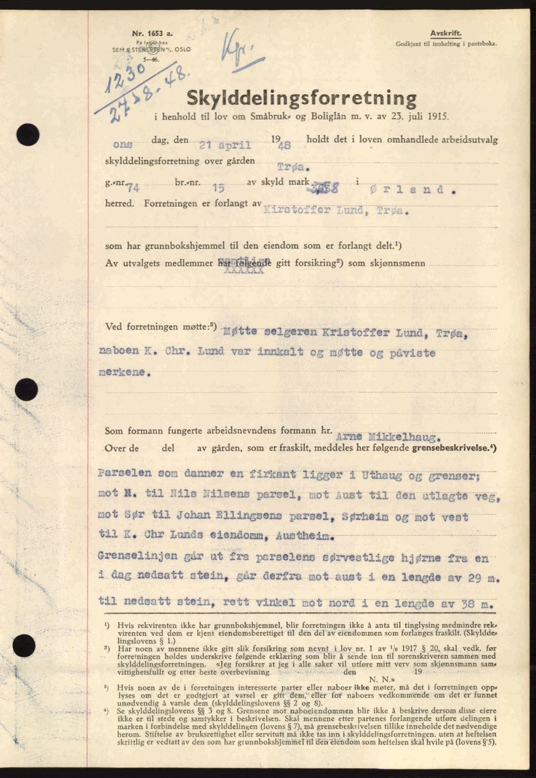 Fosen sorenskriveri, AV/SAT-A-1107/1/2/2C: Pantebok nr. A8, 1948-1948, Dagboknr: 1230/1948