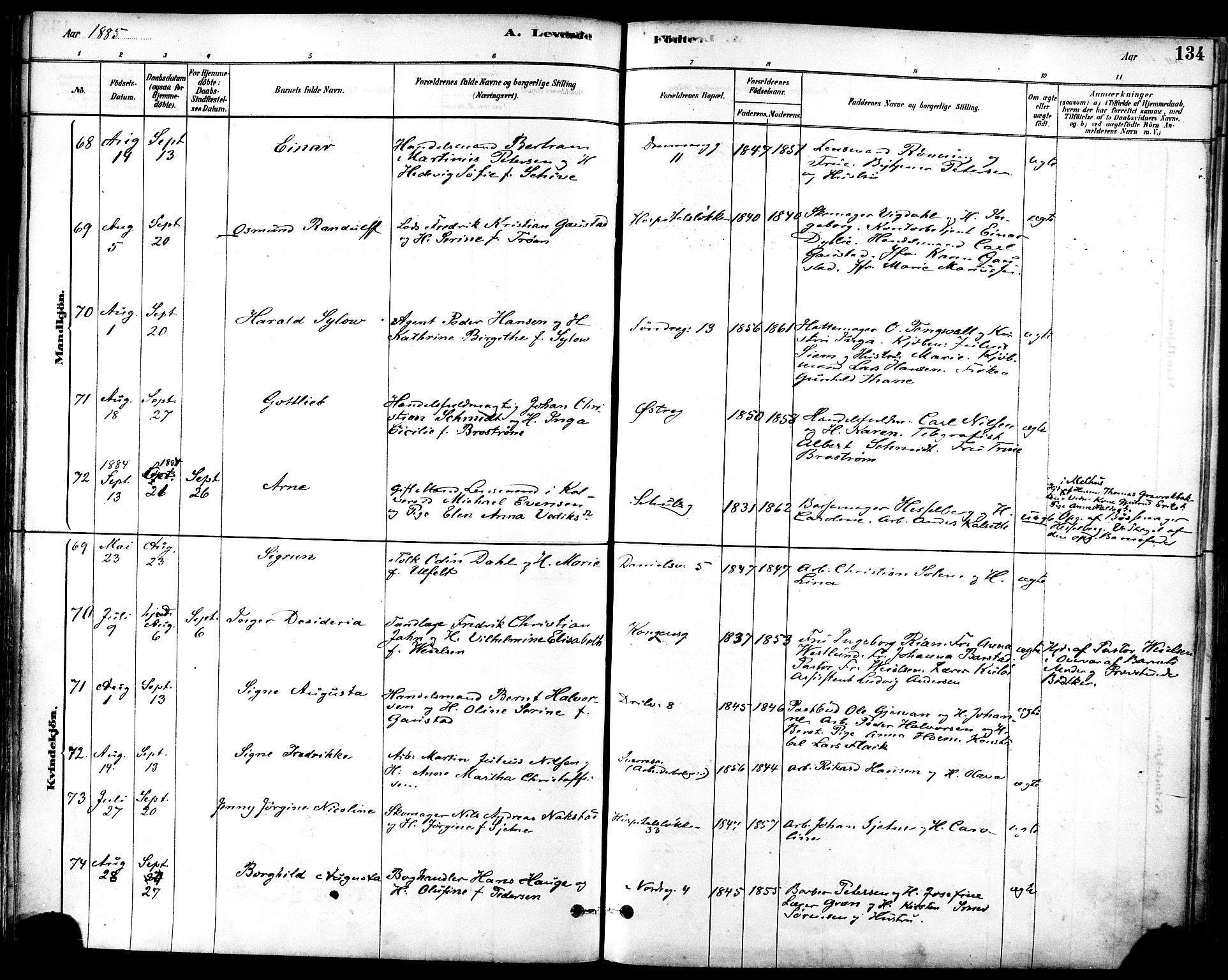 Ministerialprotokoller, klokkerbøker og fødselsregistre - Sør-Trøndelag, SAT/A-1456/601/L0057: Ministerialbok nr. 601A25, 1877-1891, s. 134