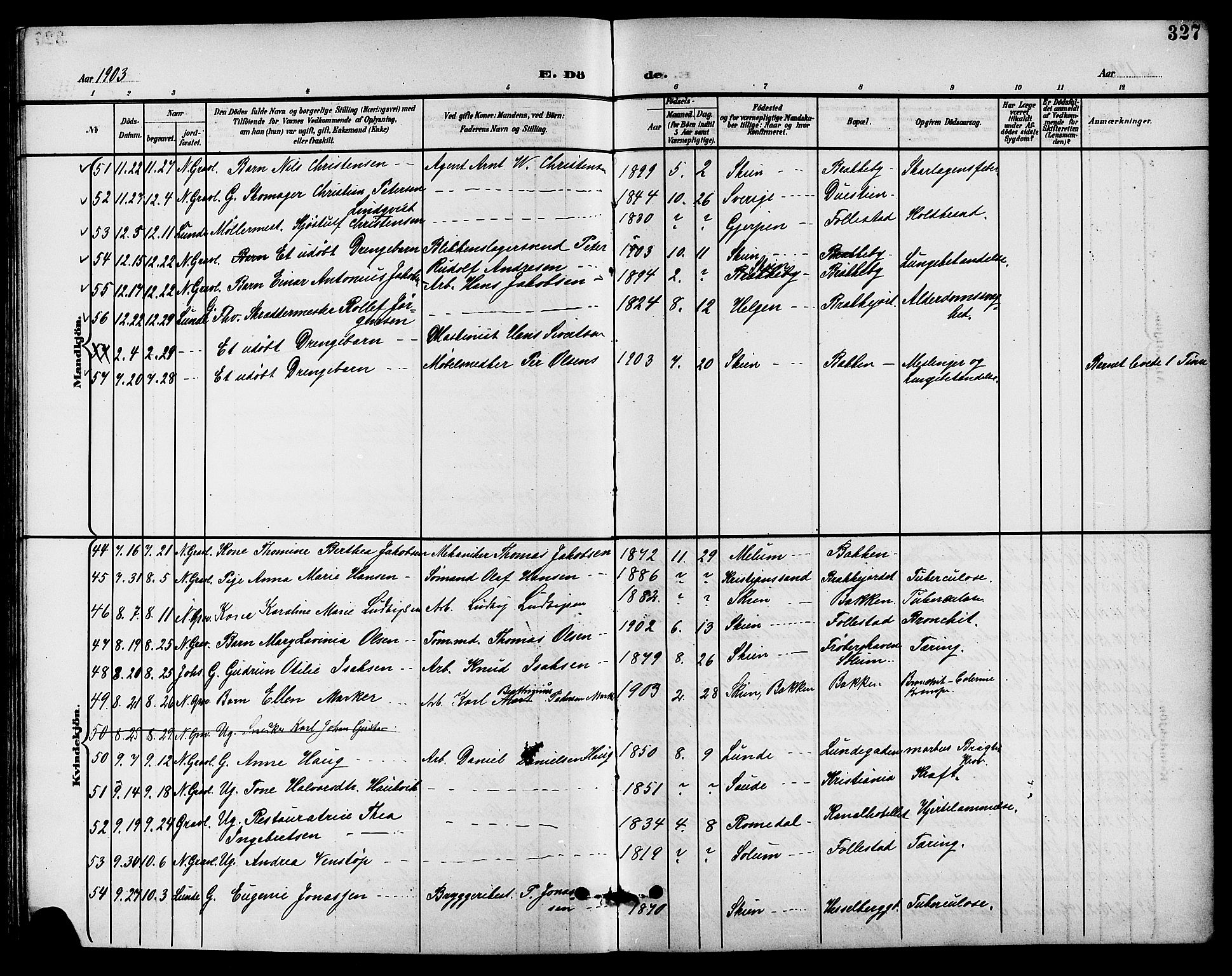 Skien kirkebøker, AV/SAKO-A-302/G/Ga/L0008: Klokkerbok nr. 8, 1900-1910, s. 327