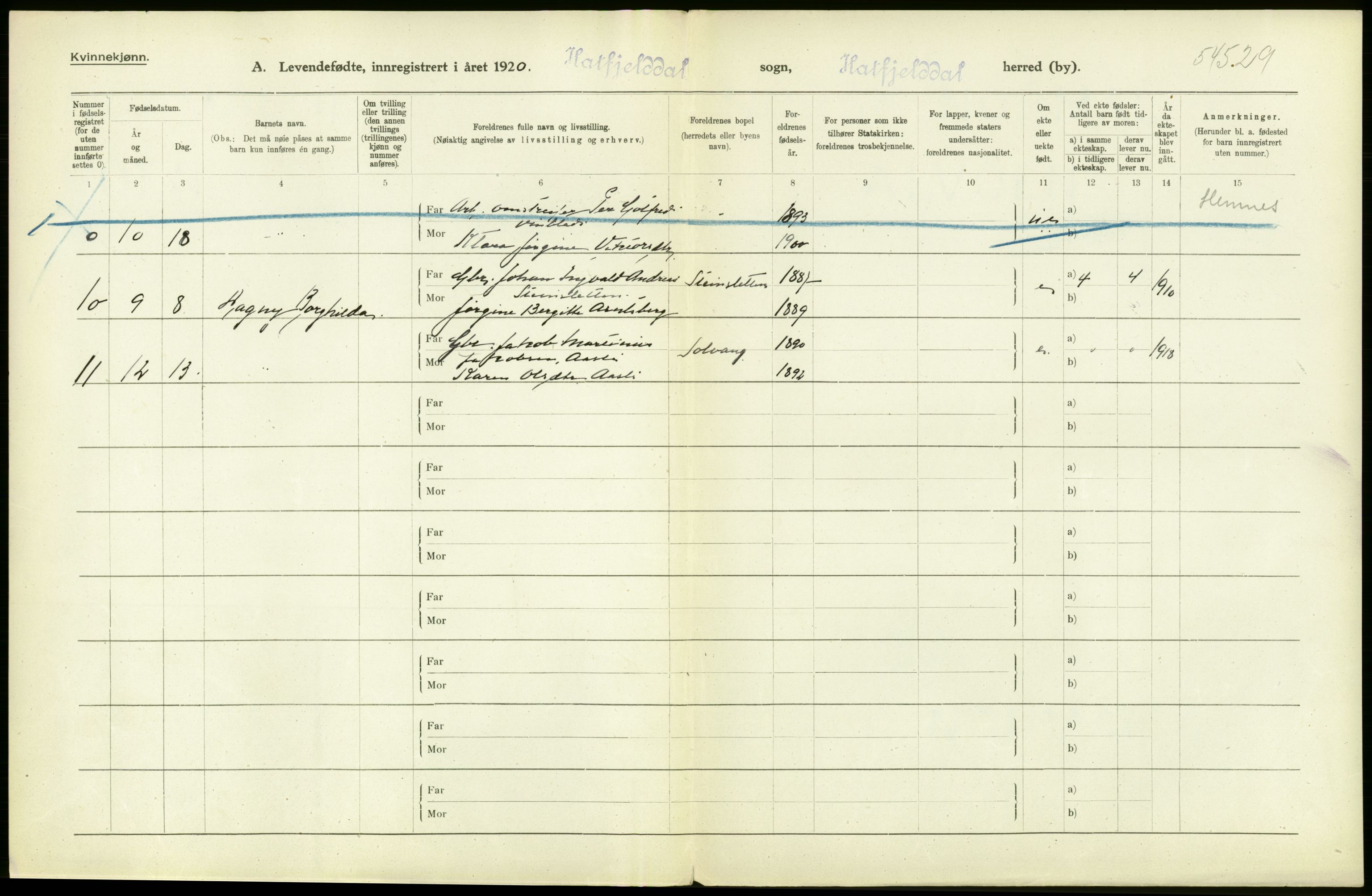 Statistisk sentralbyrå, Sosiodemografiske emner, Befolkning, AV/RA-S-2228/D/Df/Dfb/Dfbj/L0055: Nordland fylke: Levendefødte menn og kvinner. Bygder., 1920, s. 34