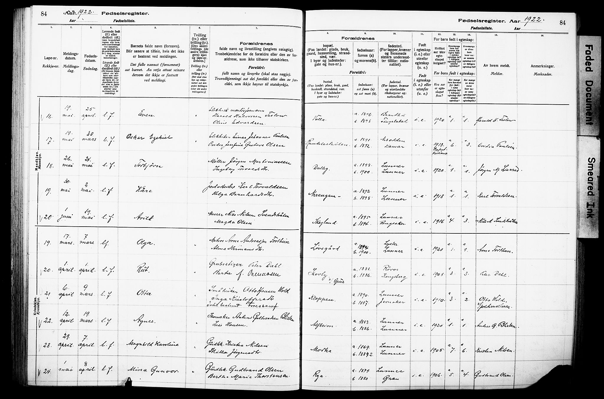 Lunner prestekontor, AV/SAH-PREST-118/I/Id/L0001: Fødselsregister nr. 1, 1916-1932, s. 84