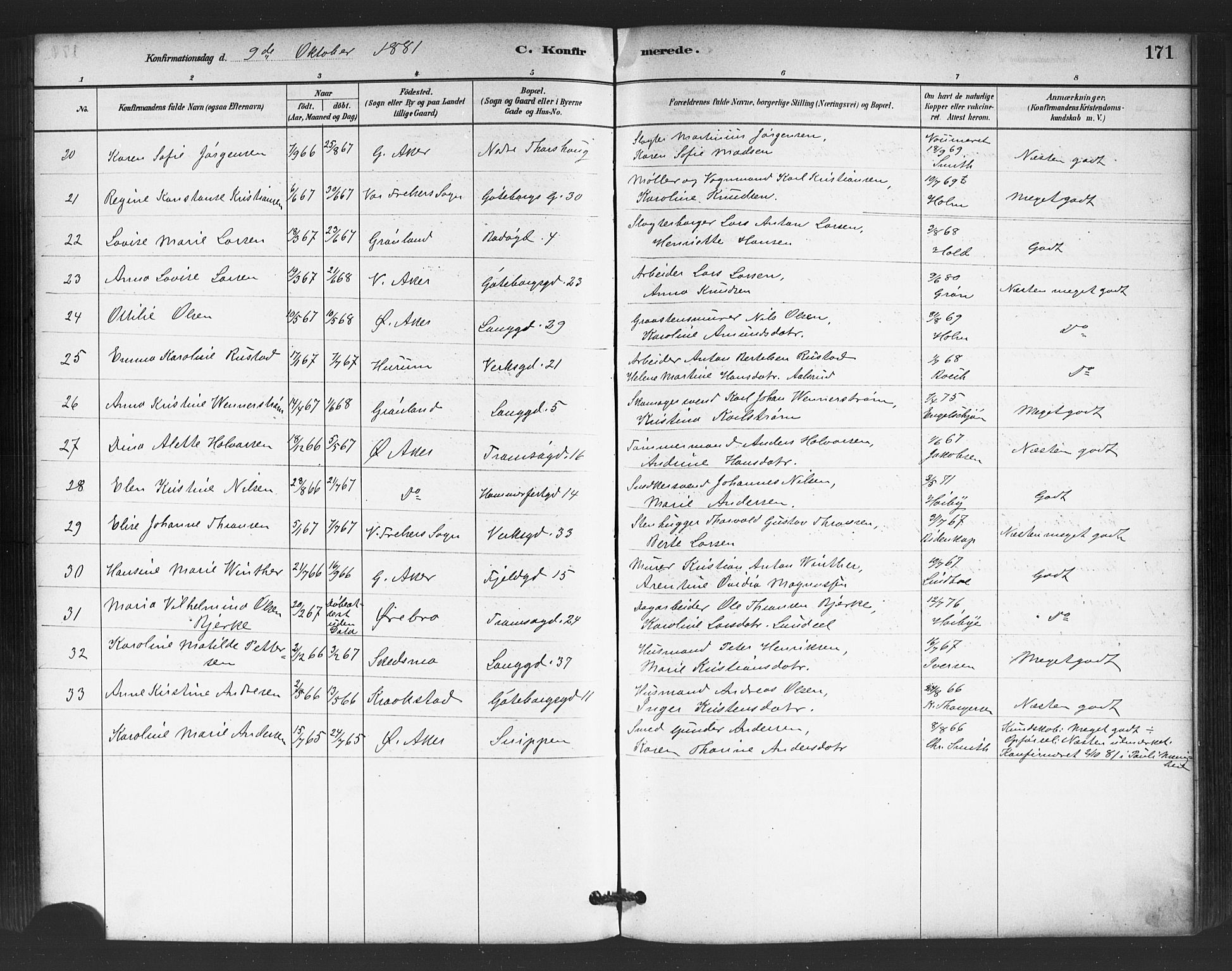 Petrus prestekontor Kirkebøker, AV/SAO-A-10872/G/Ga/L0001: Klokkerbok nr. 1, 1880-1887, s. 171