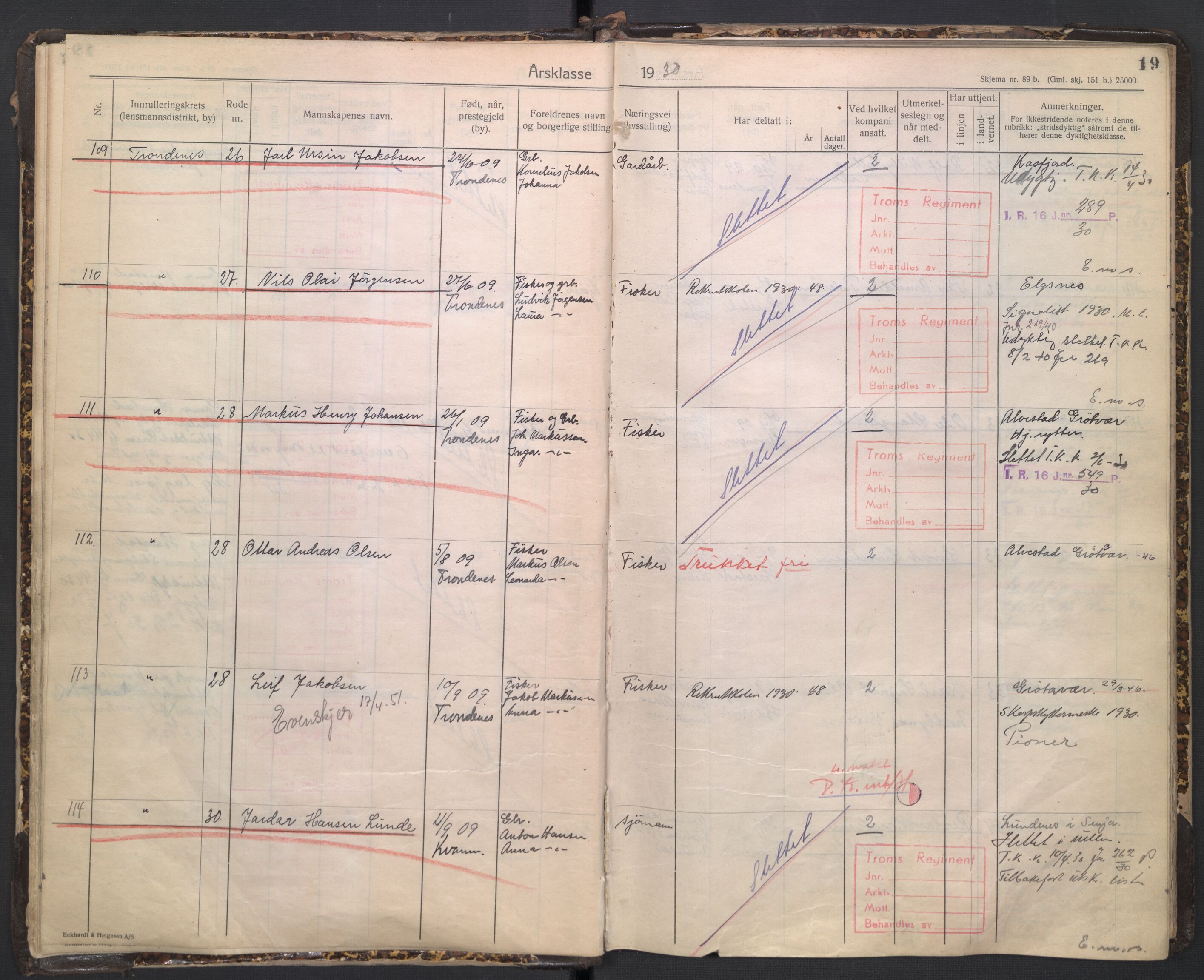 Forsvaret, Troms infanteriregiment nr. 16, AV/RA-RAFA-3146/P/Pa/L0005/0003: Ruller / Rulle for regimentets stridende menige mannskaper, årsklasse 1930, 1930, s. 19