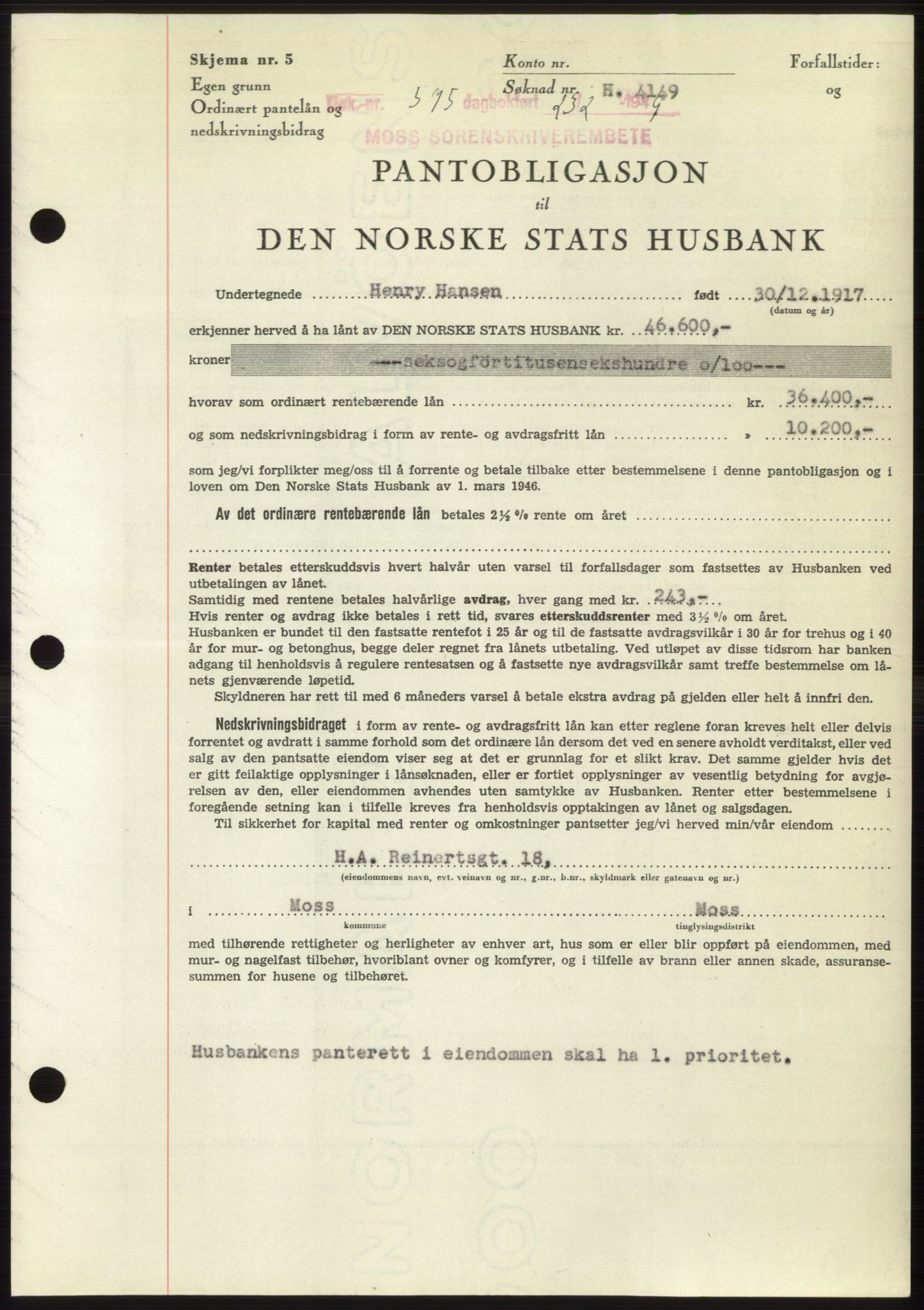 Moss sorenskriveri, SAO/A-10168: Pantebok nr. B21, 1949-1949, Dagboknr: 575/1949