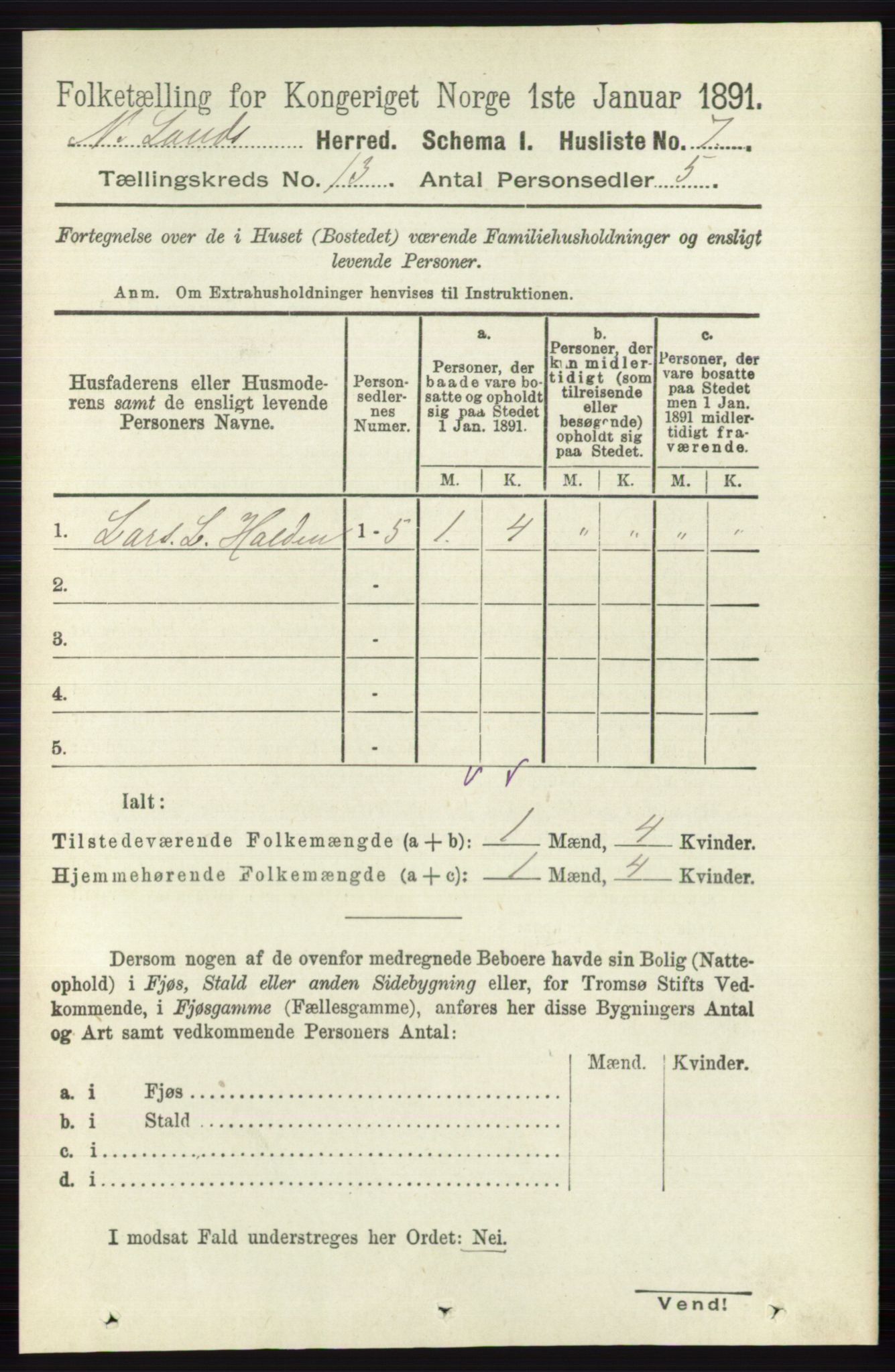 RA, Folketelling 1891 for 0538 Nordre Land herred, 1891, s. 3485