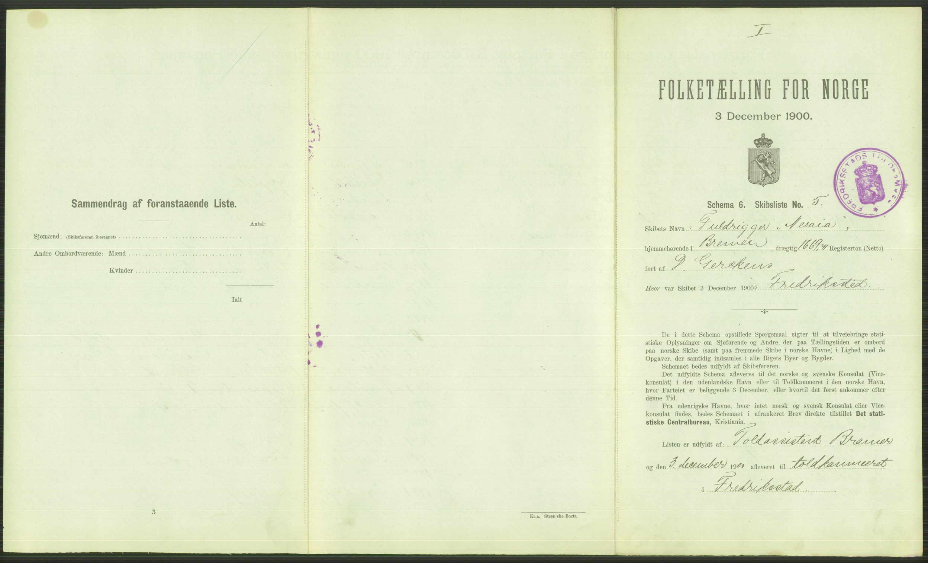 RA, Folketelling 1900 - skipslister med personlister for skip i norske havner, utenlandske havner og til havs, 1900, s. 45