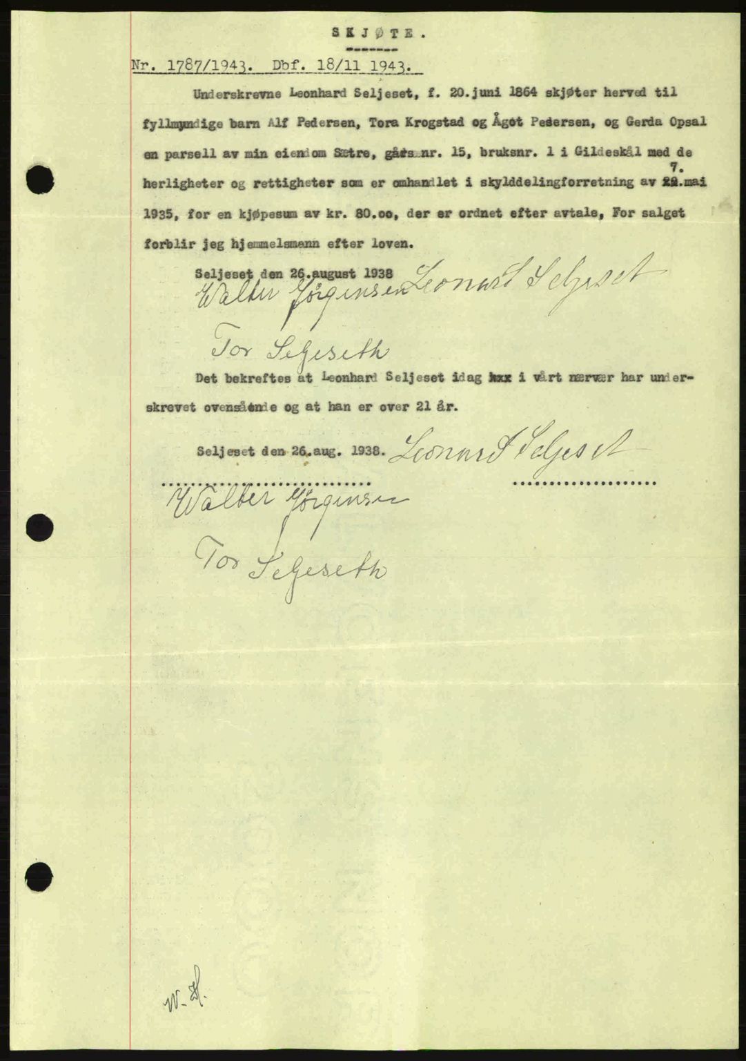 Salten sorenskriveri, SAT/A-4578/1/2/2C: Pantebok nr. A14-15, 1943-1945, Dagboknr: 1787/1943