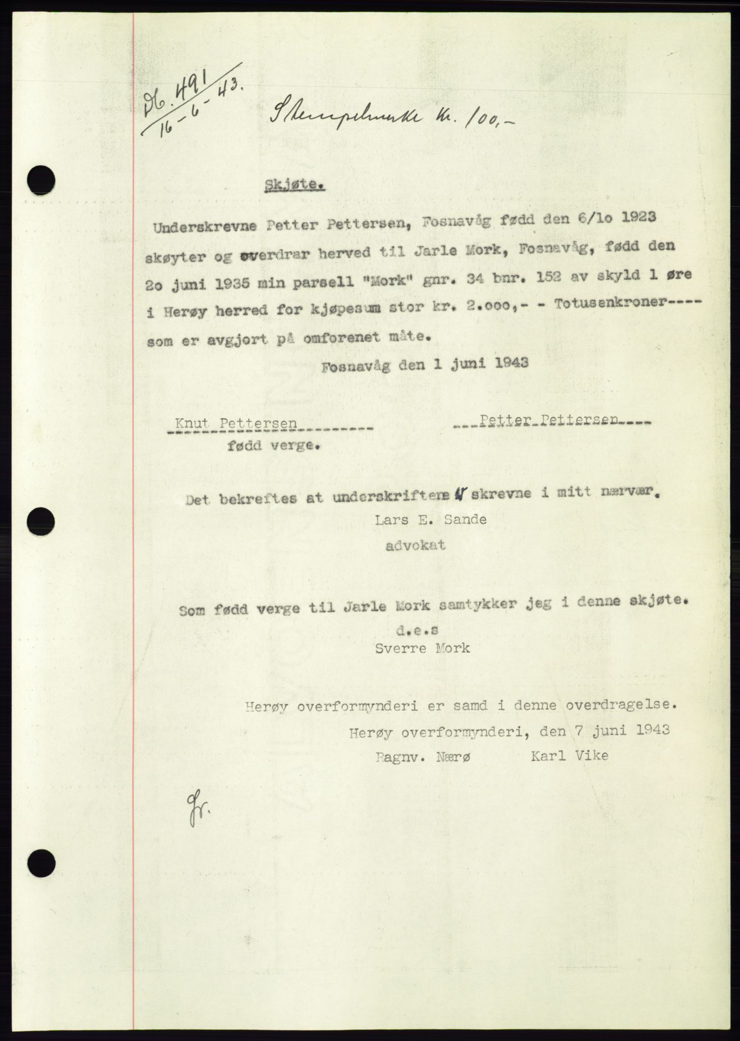 Søre Sunnmøre sorenskriveri, AV/SAT-A-4122/1/2/2C/L0075: Pantebok nr. 1A, 1943-1943, Dagboknr: 491/1943